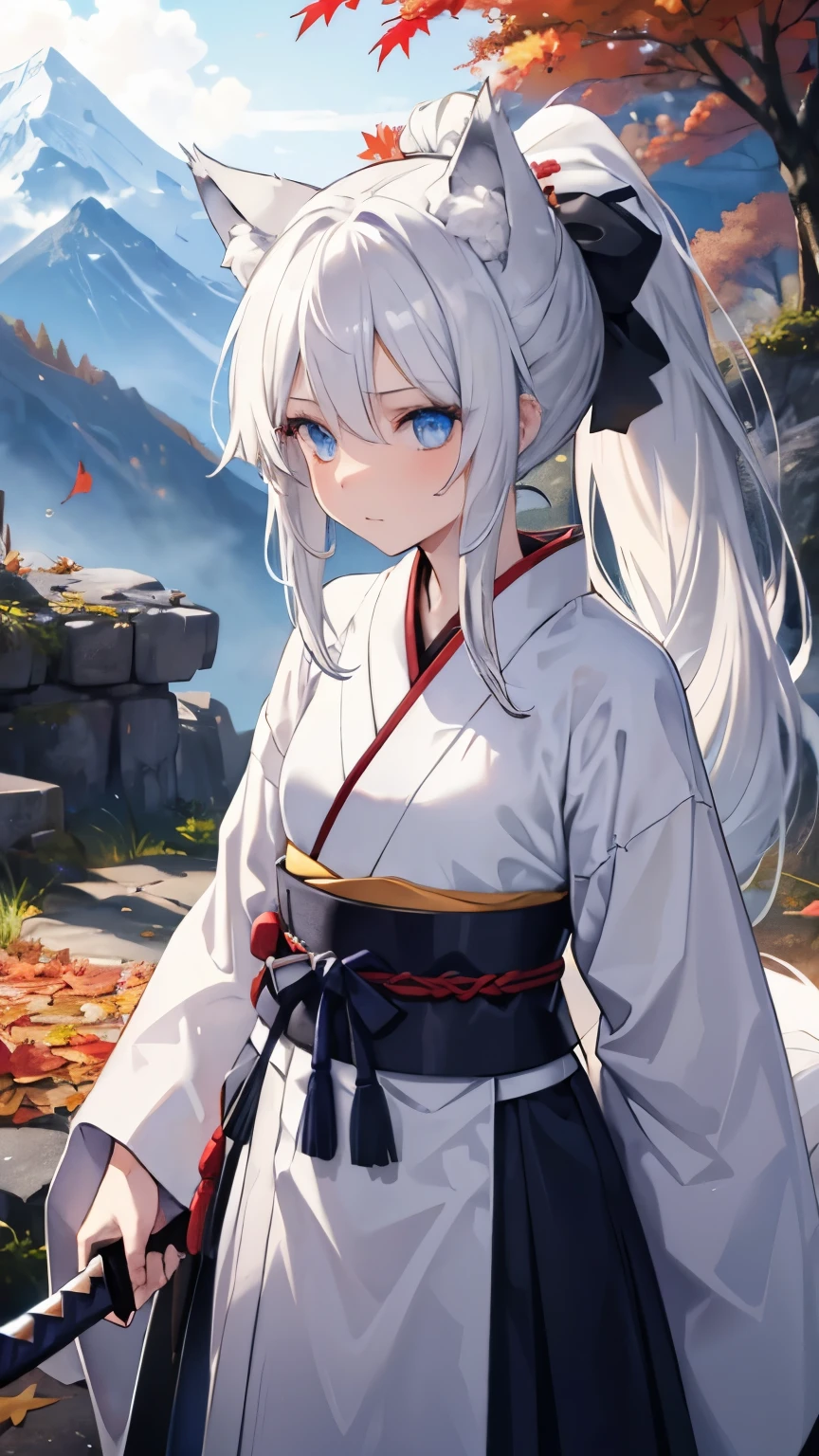 ,girl,best image quality,wolf ears,silver hair,Wolf Tail,blue eyes, white skin,,long hair,ponytail,sharp eyes,,wet with sweat,sword,Hakama,broadsword,kimono,horse,armor,,mountain path,autumn leaves,,small,,,