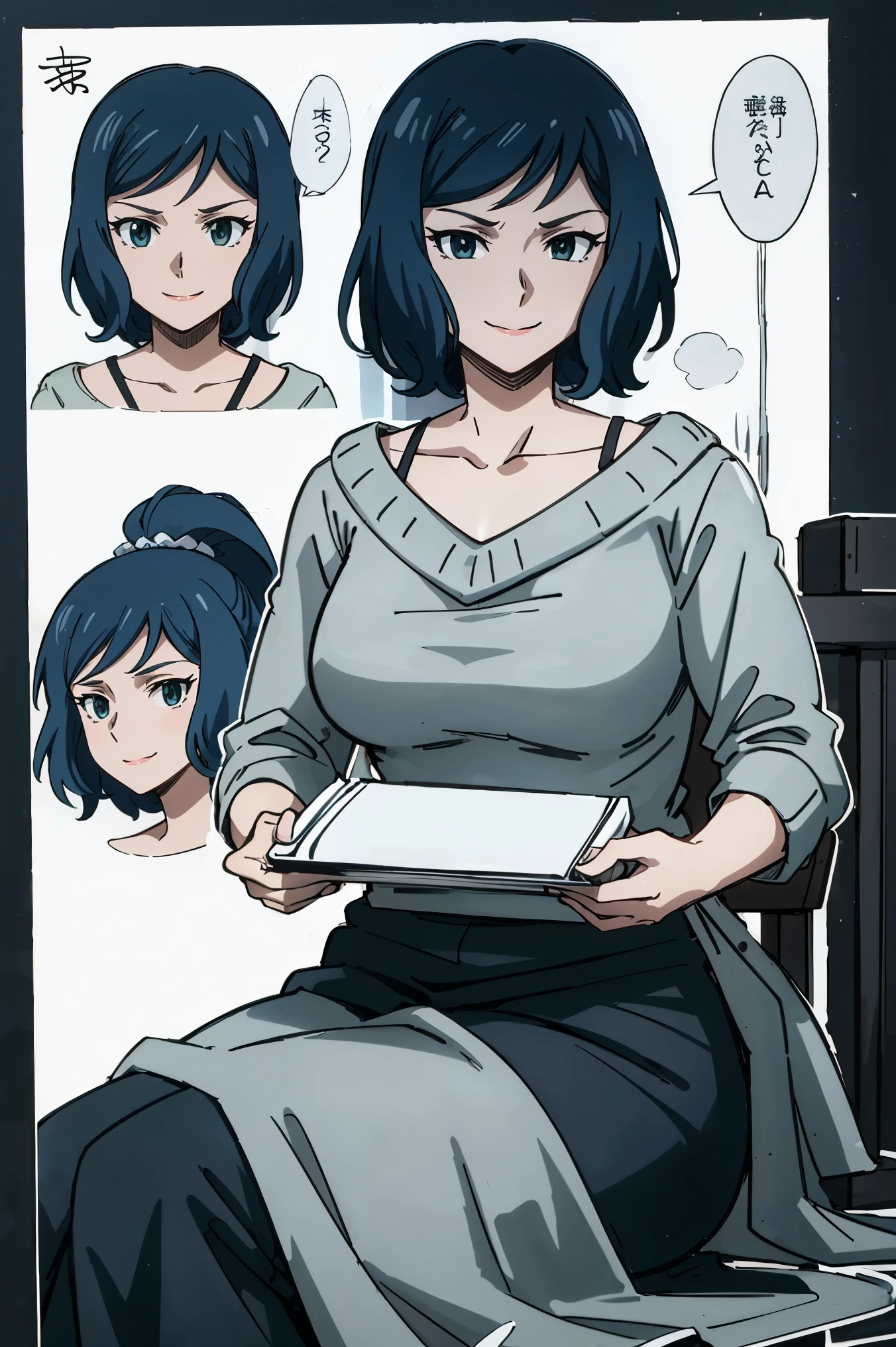anime girl sitting at a table with her hands folded over her shoulder, cool shading, detailed manga style, black and white manga panel, simple shading, female protagonist 👀 :8, holding a sword on her shoulder, anime shading), roguish smirk, black and white manga style, black and white manga page, striking manga artstyle, teasing smile