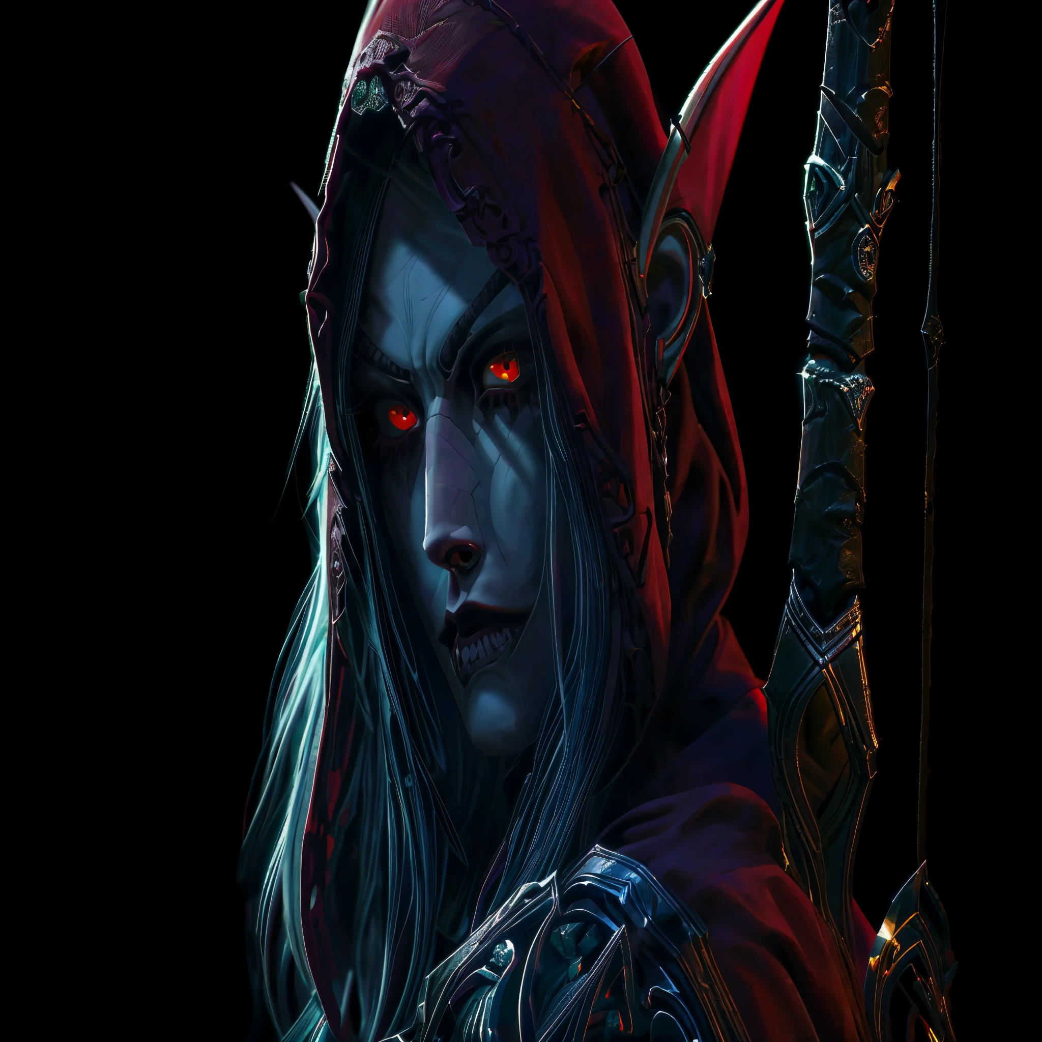 a close up of a woman with a sword and a red hood, dark elf, sylvanas windrunner, drow, 4k fantasy art, portrait of a female elf warlock, dark fantasy style art, epic fantasy art style hd, female drow elf, epic fantasy digital art style, beautiful dark elf countess, detailed digital 2d fantasy art