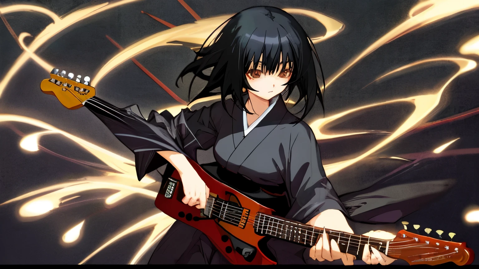 anime style、night、black hair、kimono、guitar、black hair