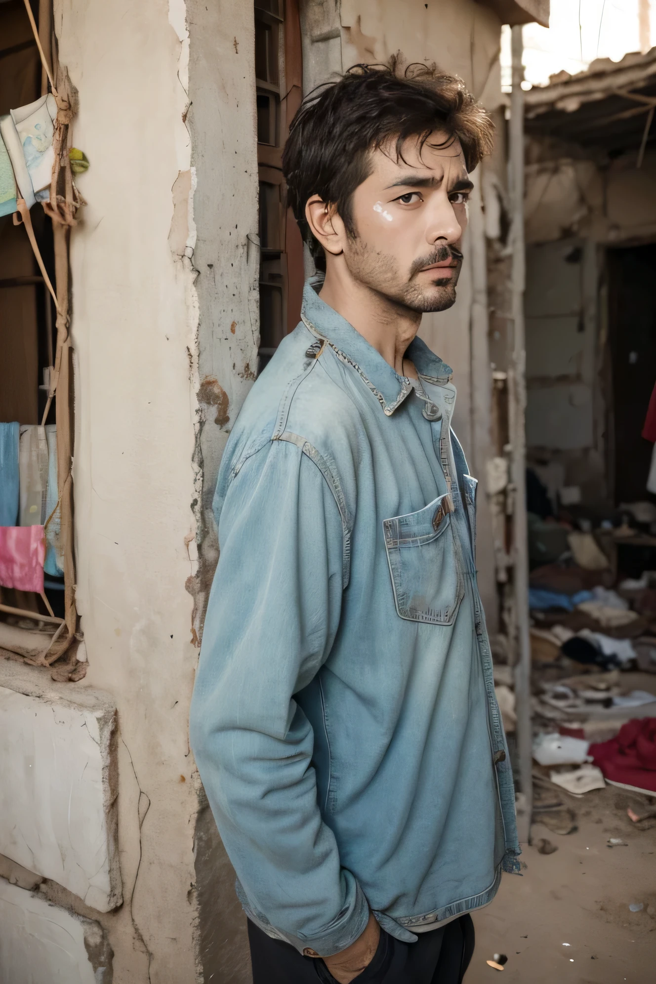 HD photography,Syrian refugees,man,Painful expressions,Look ahead,Two lines of tears,shabby clothes,messy hair,background,Destroyed tall buildings,