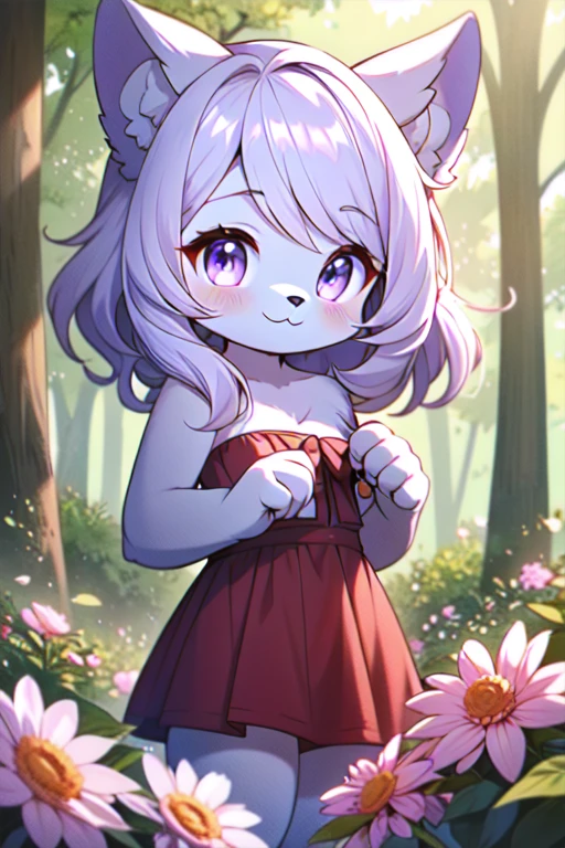 furry,cute girl,chibi,cat ears,black hair, red dress,sleveless,strapless,midriff,white skin,purple eyes, in forest,looking at viewer,smile,closed mouth,flowers,slightly above,