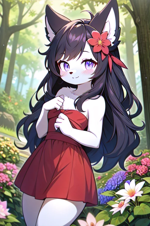 furry,cute girl,chibi,cat ears,black hair, red dress,sleveless,strapless,midriff,white skin,purple eyes, in forest,looking at viewer,smile,closed mouth,flowers,slightly above,