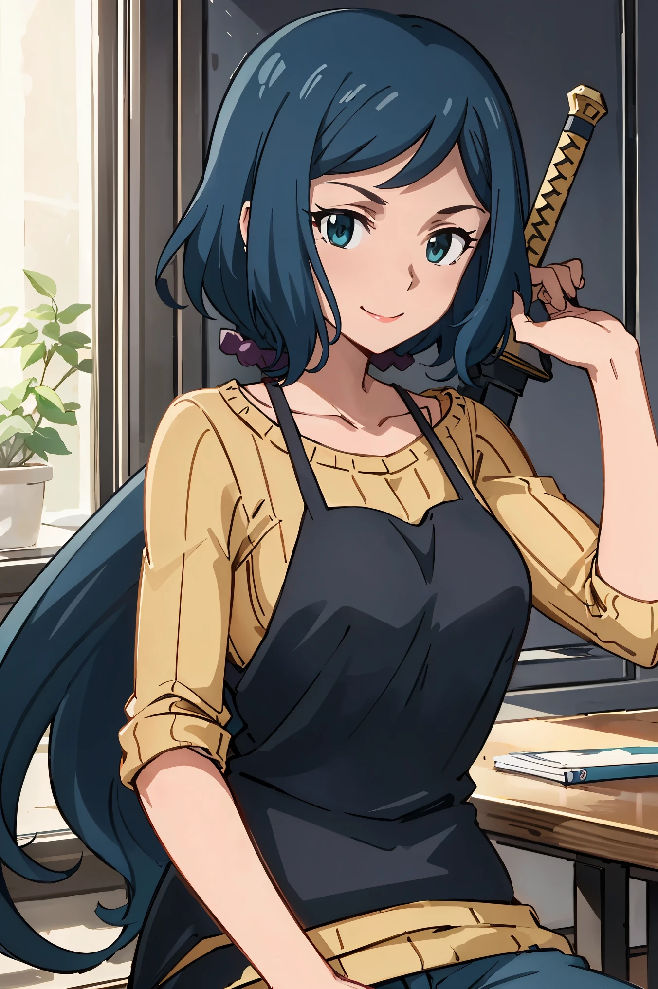 anime girl sitting at a table with her hands folded over her shoulder, cool shading, detailed manga style, simple shading, female protagonist 👀 :8, holding a sword on her shoulder, anime shading), roguish smirk, striking manga artstyle, teasing smile