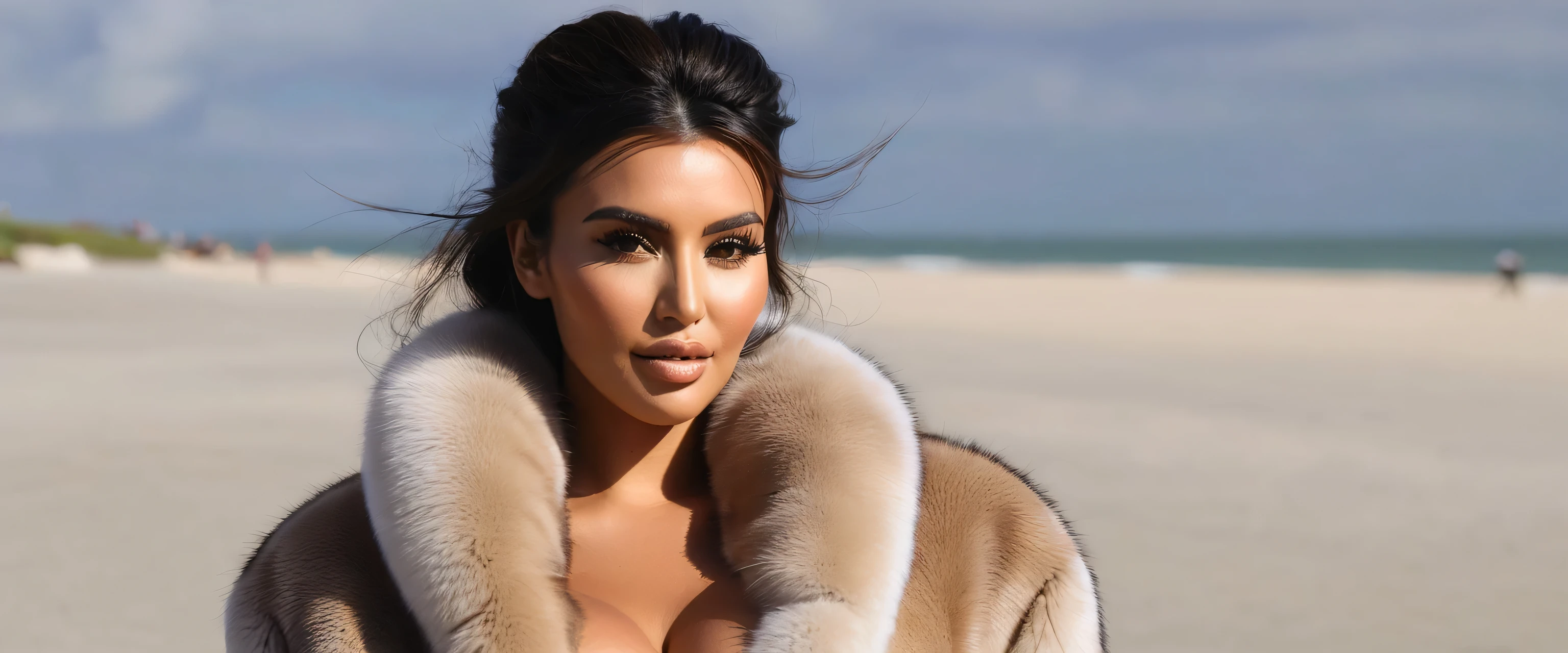  A very wide and very thick, very long sand mink fur coat, fifty centimeters thick, duveteux, naturel, with an ultra thick white and sand mink fur collar, three layers, sur Kim Kardashian, fully nude front view, bare shoulders, and two large breast discovered by the fur, at sunny Pebble Beach Concours d'Elegance , en haute résolution de la plus high quality、,Photo 8K HDR), Realistic texture, realistic shadows, (dynamic subdued lighting), (centered within the framework), (Very detailed:1.2), Fond d&#39;8k screen, high quality, grain de film, Fujifilm XT3, (Very detailed skin), ((gaping and :1.3)), dark bun, messy hair, ,
