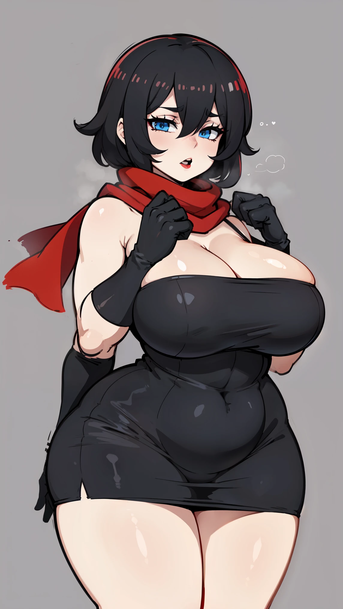  perfect anatomy 1 girl tall solo curvy body ((red scarf)) ((long gloves)) perfect hands big tits small black dress extremely short red hair covering eyes black lipstick long black glows blue eyes sexy ((thicc))