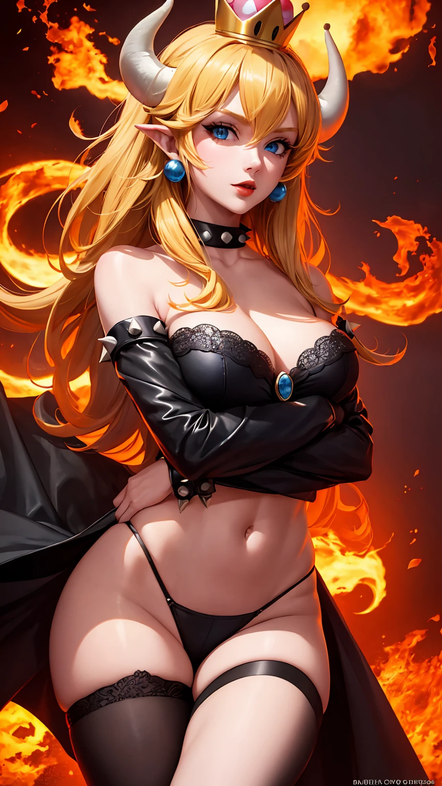 ((high detailed, best quality, 4k, masterpiece, hd:1.3)), ((best quality)), (((HD))), (((8k))), (ultraDH), (ultra HD), Princess Daisy, blue eyes, BREAK blue eyes, seductive, attractive, smooth anime cg art, 36C breasts, long legs, vivid colors, detailed digital art, slim body, perfect skin, dark blonde hair, long hair, blonde hair, blonde hair, BREAK crown, cleavage, 36C cleavage, looking at viewer, BREAK looking at viewer, extremely detailed face, red santa suit, red santa claus suit, santa claus suit, earrings, gem, dark black makeup lips, dark gothic eyeshadows, dark eyeshadows, black eyeshadows, black sexy lips, black lips, (dark:1.2), dark lips, very dark lips, (perfect hands, perfect anatomy), black makeup, black medium lips, black thick lips, detailed fingers, five fingers per hand, 5 fingers, (1 girl), detailed lips, detailed black lips, black painted lips, gothic painted lips, BREAK night, night sky, (breast focus), (arms outstreched:1.2), (from above:1.1), (breasts out:1.3), (off shoulder:1.1), (white horns), (bra), inside a lava castle, she inside a sea of lava, she bathing in lava,