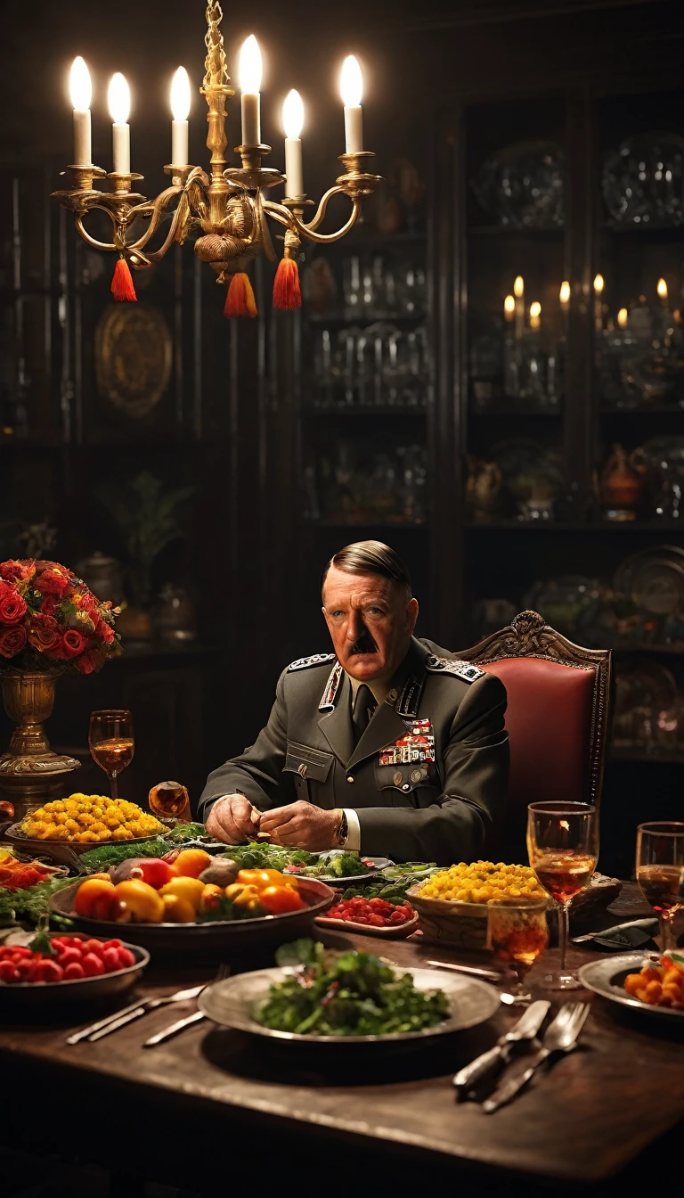 Create a dining room setting with a lavish table spread with colorful, healthy vegetarian dishes, Show Adolf Hitler seated at the head of the table, background dark, hyper realistic, ultra detailed hyper realistic, photorealistic, Studio Lighting, reflections, dynamic pose, Cinematic, Color Grading, Photography, Shot on 50mm lens, Ultra-Wide Angle, Depth of Field, hyper-detailed, beautifully color, 8k