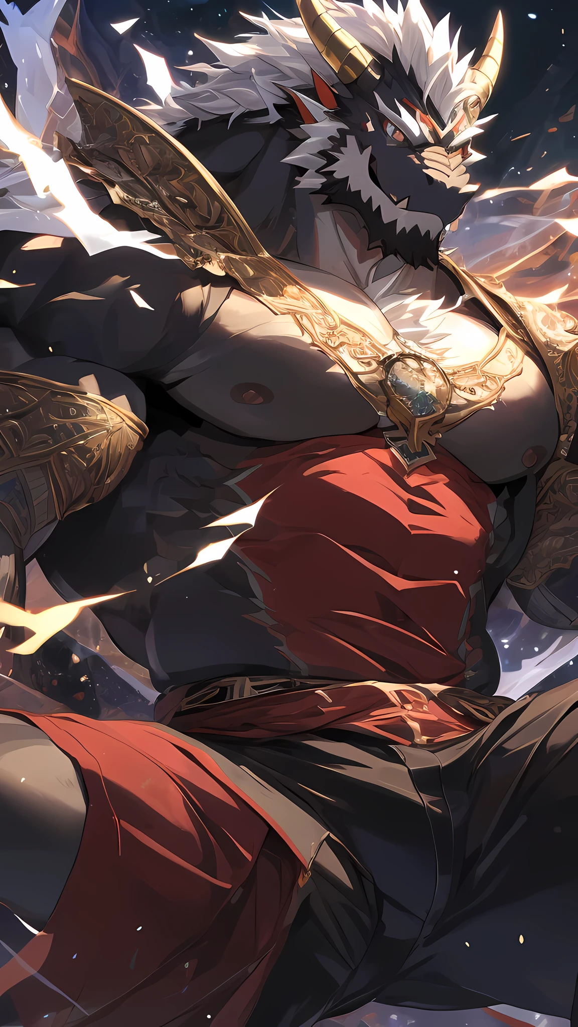 human nature((dramatic))epic, dynamic poses, Dynamic angle, a scene in, Extreme perspective and powerful composition, ridiculous, (super detailed), sharp focus, Genji, Eye, hairy, human nature (black dragon), black dragon, male, Muscular, super detailed face, (delicate Eye),legs spread,(Disheveled 1.4),(1.2)motion blur, (best quality), (masterpiece), high detail, high quality, Award-winning, High resolution, HD, 16K, Yes, (close up:1.5),black dragon,muscular,Big chest muscles,black nipple areola,The crotch is very large and prominent,Big chest muscles are prominent,Golden Eye,Naked from the waist down,Wearing only black shorts,Golden dragon horn,spread legs,The crotch is very prominent。