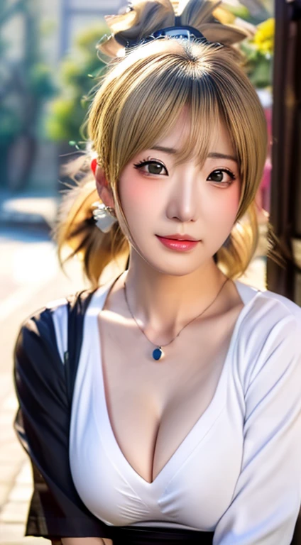 real image、8K, Nara Temari、(slanted eyes)、(double eyelid)、((big breasts)), (cleavage), clavicle,((Tsun Costume)), (White square neck shirt), (紺colorのフレアパンツ)、(tsun necklace), young woman, blonde、short ponytail、attractive appearance, looking at the viewer, konoha village, outdoor, daytime, (full body shot), (very detailed, beautiful detailed face, masterpiece, beautiful detailed eyes, highest quality), huge breasts, ((魅惑的な笑face)), 超High resolution,4k,Super detailed, photo shoot, 8K, HDR, High resolution, (confused:1.2), kodak portrait 400, film grain, blurred background, (Bokeh:1.2), Lens flare, (lively_color:1.2),professional photos, (beautiful_face:1.5), ,(((cast 1.3))),(((Squeeze your elbows,I feel like my chest is tightening)))、lace bra