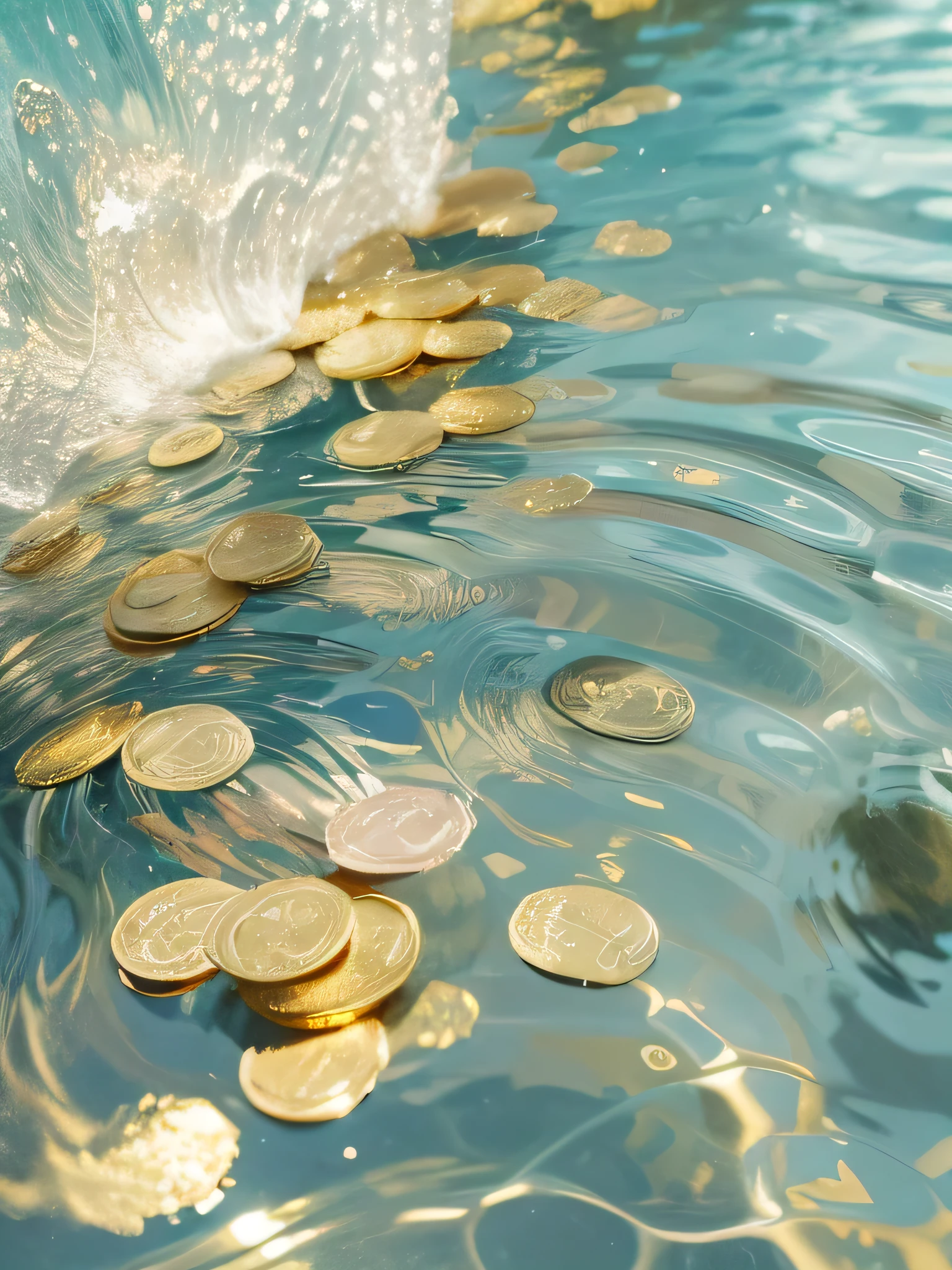 coin are in the water and are being thrown by a wave, scattered gold coin, golden reflection in water, gold coin, with many gold coin, piles of gold coin, liquid gold, with piles of coin around it, Contact Siona Shimshi, coin, pool caustics, 3 4 5 3 1, Ripple magic, Floating dollar bills