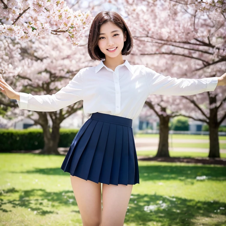 A cherry blossom tree in full bloom, petals dancing in the wind, and the eyes of a beautiful Japanese girl dancing with a smile wearing a white blouse and dark blue skirt, the designated by her Japanese high school. Focal length 100mmf/2.8, spring daytime, lightly cloudy, cherry blossoms and lawns in full bloom in a park, well-shaped face, short hair, great smile, toned body, white blouse and dark blue designated by a Japanese high school. Skirts, large arm movements, graceful dances, close-ups of eyes, bird's-eye view, realistic feeling, 8K image quality, highest quality.
