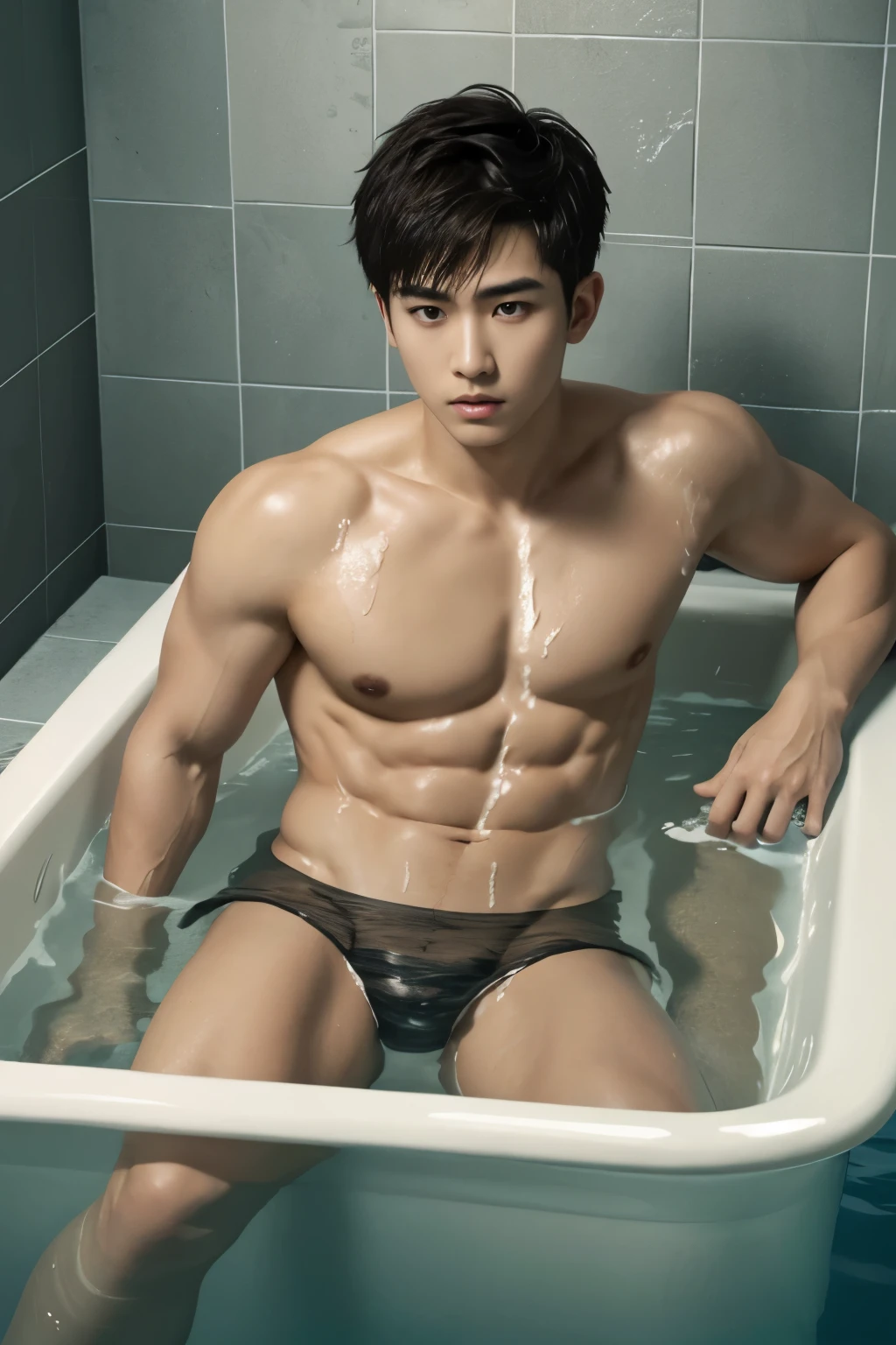1 Asian boy, ((bara:1.5)), sport body, sexy, detailed face, detailed hands, detailed legs, detailed fingers, detailed hair, detailed eyes, detailed skin, dynamic lighting, (detailed lighting:1.2), (detailed textures:1.3), (realistic lighting:1.2), realistic shadows, realistic skin, (photorealistic:1.4), 8k uhd, (hyper realistic), (photo realistic), (masterpiece), (best quality), body paint, small tiny black g-string, bare chest, flat chest, bare shoulders, small bulge, in a bath tub, water and a lot of foam and a lot of cum, half body is under water, wide angle, detailed bathroom, athletic body, male, iridescent skin, perfect eyes, messy brown hair , bio-luminescent