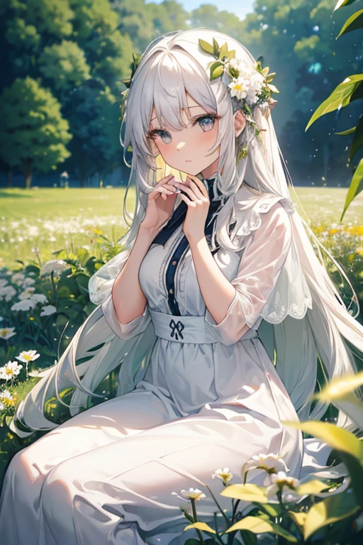 (masterpiece, best quality),1girl with long white hair sitting in a field of green plants and flowers, her hand under her chin, warm lighting, white dress, blurry foreground