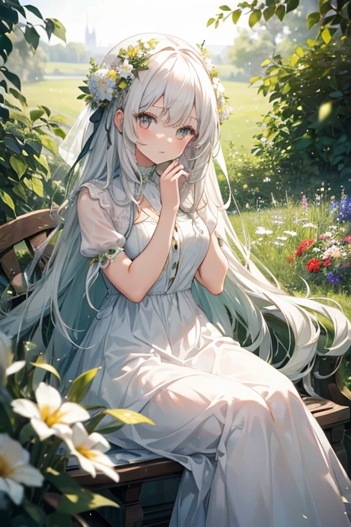 (masterpiece, best quality),1girl with long white hair sitting in a field of green plants and flowers, her hand under her chin, warm lighting, white dress, blurry foreground