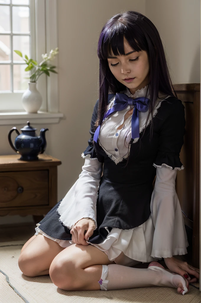 masterpiece,best quality,1girl,frederica bernkastel,purple hair,cat tail,tail bow,closed eyes,tail ornament,dress,bowtie,socks,expressionless,sitting,teacup,tatami,indoors,