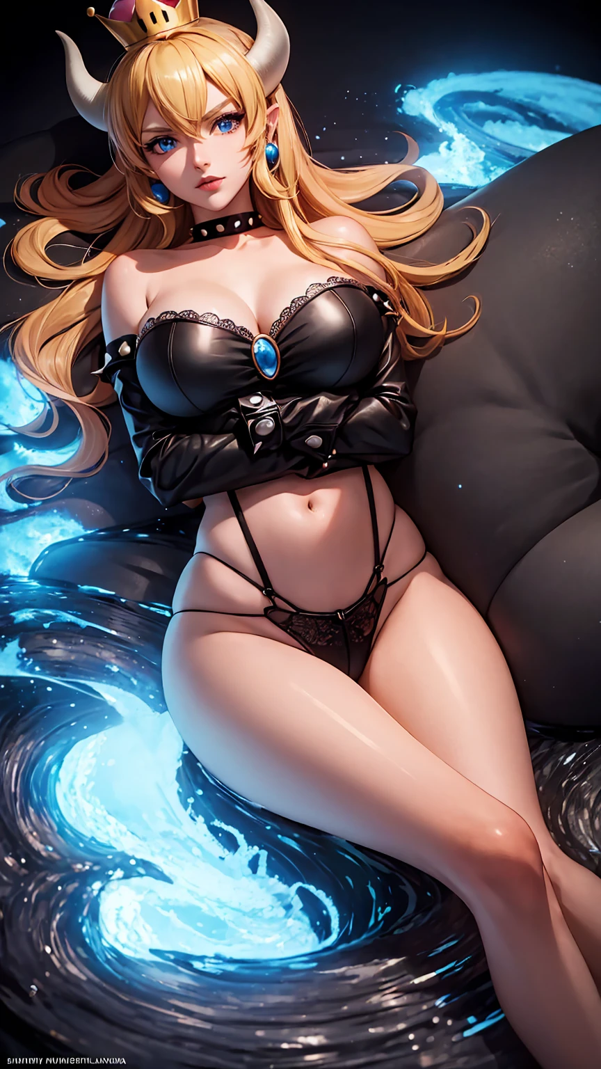 ((high detailed, best quality, 4k, masterpiece, hd:1.3)), ((best quality)), (((HD))), (((8k))), (ultraDH), (ultra HD), Princess Daisy, blue eyes, BREAK blue eyes, seductive, attractive, smooth anime cg art, 36C breasts, long legs, vivid colors, detailed digital art, slim body, perfect skin, dark blonde hair, long hair, blonde hair, blonde hair, BREAK crown, cleavage, 36C cleavage, looking at viewer, BREAK looking at viewer, extremely detailed face, red santa suit, red santa claus suit, santa claus suit, earrings, gem, dark black makeup lips, dark gothic eyeshadows, dark eyeshadows, black eyeshadows, black sexy lips, black lips, (dark:1.2), dark lips, very dark lips, (perfect hands, perfect anatomy), black makeup, black medium lips, black thick lips, detailed fingers, five fingers per hand, 5 fingers, (1 girl), detailed lips, detailed black lips, black painted lips, gothic painted lips, BREAK night, night sky, (breast focus), (arms outstreched:1.2), (from above:1.1), (breasts out:1.3), (off shoulder:1.1), (white horns), (bra), inside a lava castle, she inside a sea of lava, she bathing in lava,