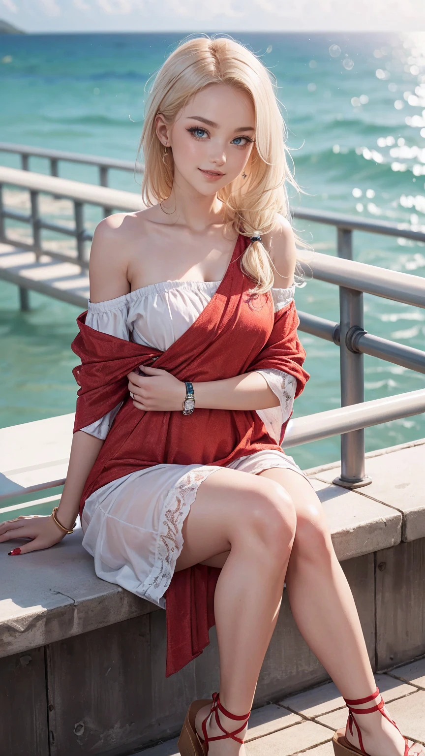 ((最high quality, 8K, masterpiece: 1.3, Ultra HD, high quality, 最high quality, High resolution, realism)) 、(high color saturation:1.0), (highly detailed skin), (最high quality:1.0), (超High resolution:1.0) ,(realistic:1.0), (Super detailed:1.0), (8K, Raw photo:1.1), slender、Slender, muscular body that&#39;s toned like an athlete&#39;s、I don&#39;t want my head to disappear from the screen.、Wear accessories on your wrist、Wearing red nail polish、I have a peticure、seductive smile((seductive smile)) 、cinematic lighting, sparkle 、25 year old white woman、platinum blonde、long hair、blue eyes、hair above one eye、smile、One shoulder wrap dress((one shoulder wrap onepiece))wear、wear lace-up sandals、On the seaside promenade、Leaning against the railing、Strong sea breeze、Hair flowing in the wind、Hold down your hair