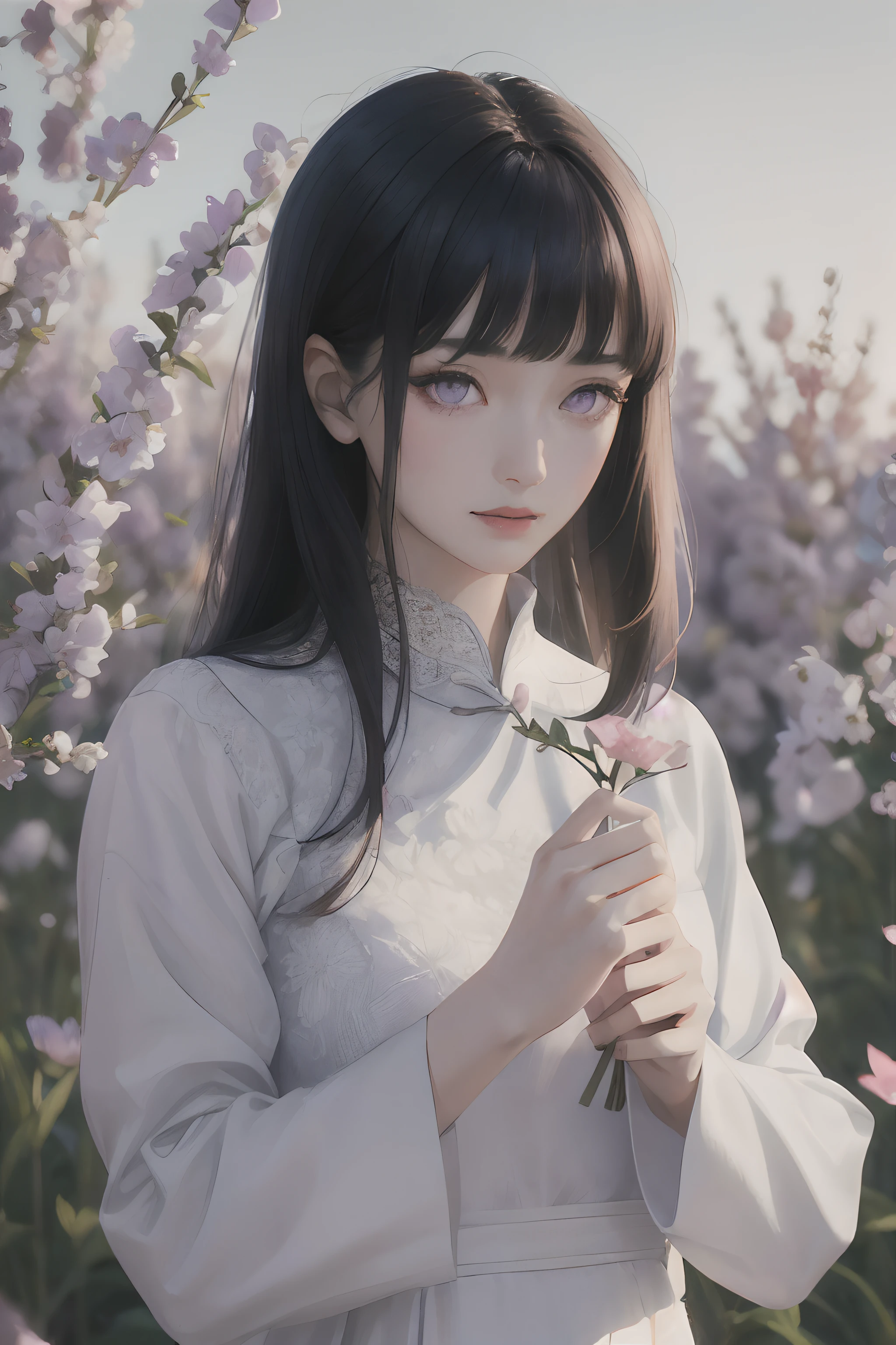 a beautiful girl in white aodai , masterpiece, best quality, realistic:1.3,in a field of flowers, holding bundle of flowers, sunlight, backlighting,Blunt Bangs, purple eyes, long dark blue hair,lace