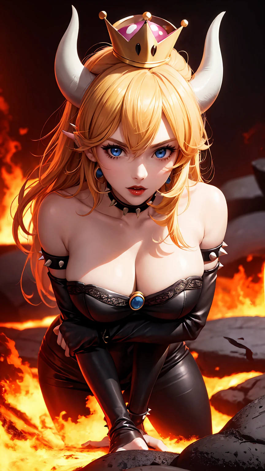 ((high detailed, best quality, 4k, masterpiece, hd:1.3)), ((best quality)), (((HD))), (((8k))), (ultraDH), (ultra HD), Princess Daisy, blue eyes, BREAK blue eyes, seductive, attractive, smooth anime cg art, 36C breasts, long legs, vivid colors, detailed digital art, slim body, perfect skin, dark blonde hair, long hair, blonde hair, blonde hair, BREAK crown, cleavage, 36C cleavage, looking at viewer, BREAK looking at viewer, extremely detailed face, red santa suit, red santa claus suit, santa claus suit, earrings, gem, dark black makeup lips, dark gothic eyeshadows, dark eyeshadows, black eyeshadows, black sexy lips, black lips, (dark:1.2), dark lips, very dark lips, (perfect hands, perfect anatomy), black makeup, black medium lips, black thick lips, detailed fingers, five fingers per hand, 5 fingers, (1 girl), detailed lips, detailed black lips, black painted lips, gothic painted lips, BREAK night, night sky, (breast focus), (arms outstreched:1.2), (from above:1.1), (breasts out:1.3), (off shoulder:1.1), (white horns), (bra), inside a lava castle, she inside a sea of lava, she bathing in lava, full body, perfect long legs, perfect foots, legs and foots into the lava,