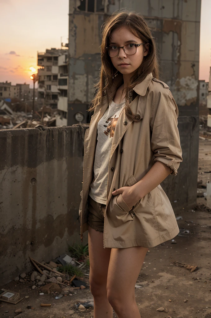 post-apocalyptic future, destroyed city, 13 year old girl, with glasses, beige trench coat, shorts, dirty t-shirt, disheveled brown hair, dirty, dusty, orange sky, anime