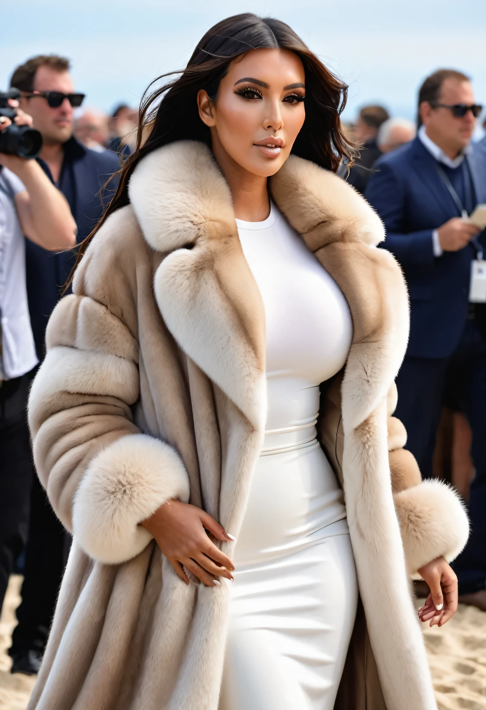 A very wide and very thick, very long sand mink fur coat, fifty centimeters thick, duveteux, naturel, with an ultra thick white and sand mink fur collar, three layers, sur Kim Kardashian, fully nude front view, bare shoulders, and two large breast discovered by the fur, at sunny Pebble Beach Concours d'Elegance , en haute résolution de la plus high quality、,Photo 8K HDR), Realistic texture, realistic shadows, (dynamic subdued lighting), (centered within the framework), (Very detailed:1.2), Fond d'8k screen, high quality, grain de film, Fujifilm XT3, (Very detailed skin), ((gaping and :1.3)), dark bun, messy hair, ,