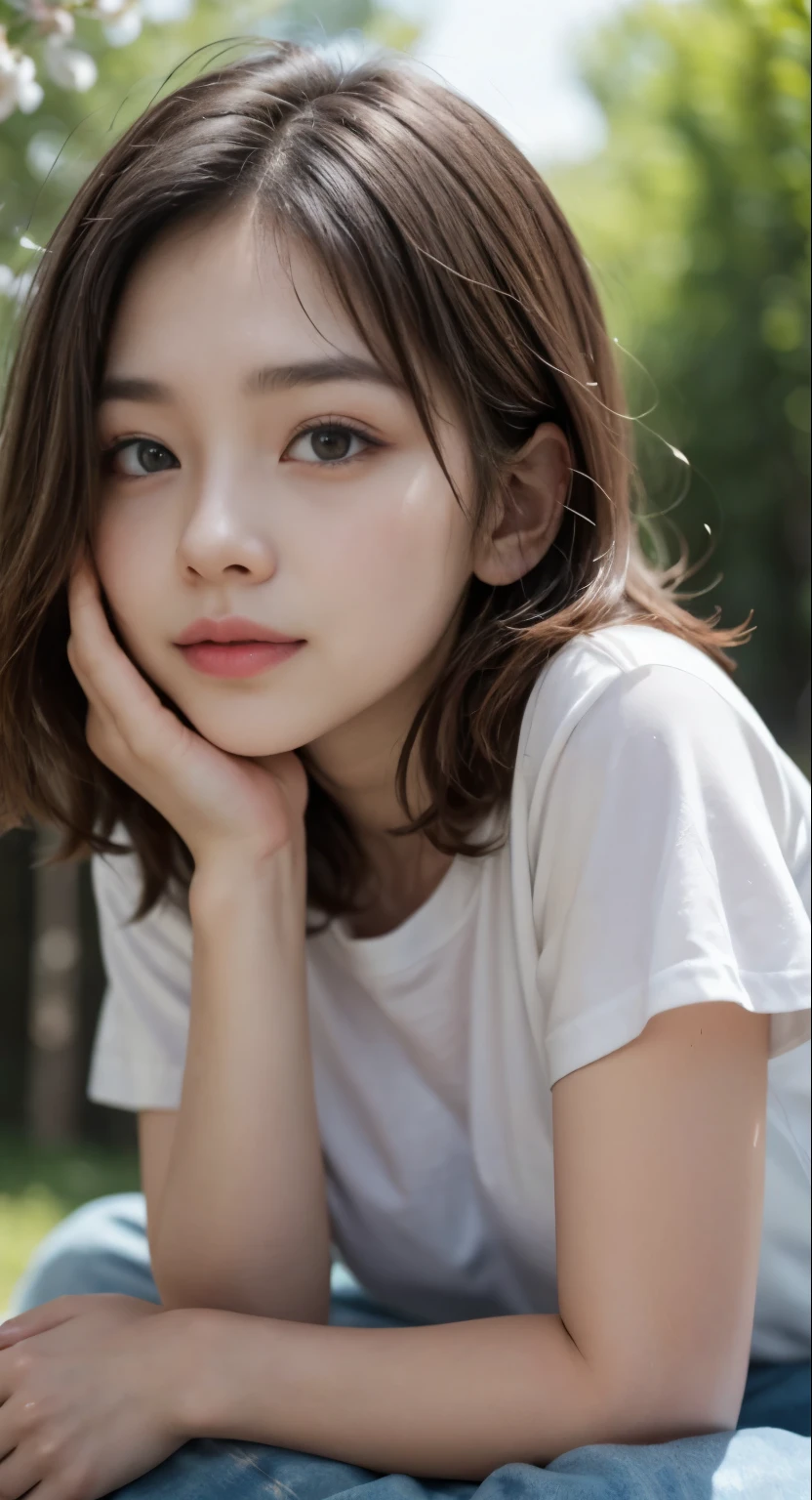 (8k raw photo, best quality), ((muste piece)), ultra high resolution,, film,( 20-year-old, slender face, 1 girl, long eyelashes, eye highlights), natural skin texture, perfectly proportioned face,((white shirt、denim pants、spring landscape、date、model pose)), (Small breasts), permed hair, Fluffy short hair, messy hair,(shy smile、embarrassed look), close your mouth, beautiful legs, make your legs thinner, solo, (detailed background), blurred background, brown hair, Depth of the bounds written