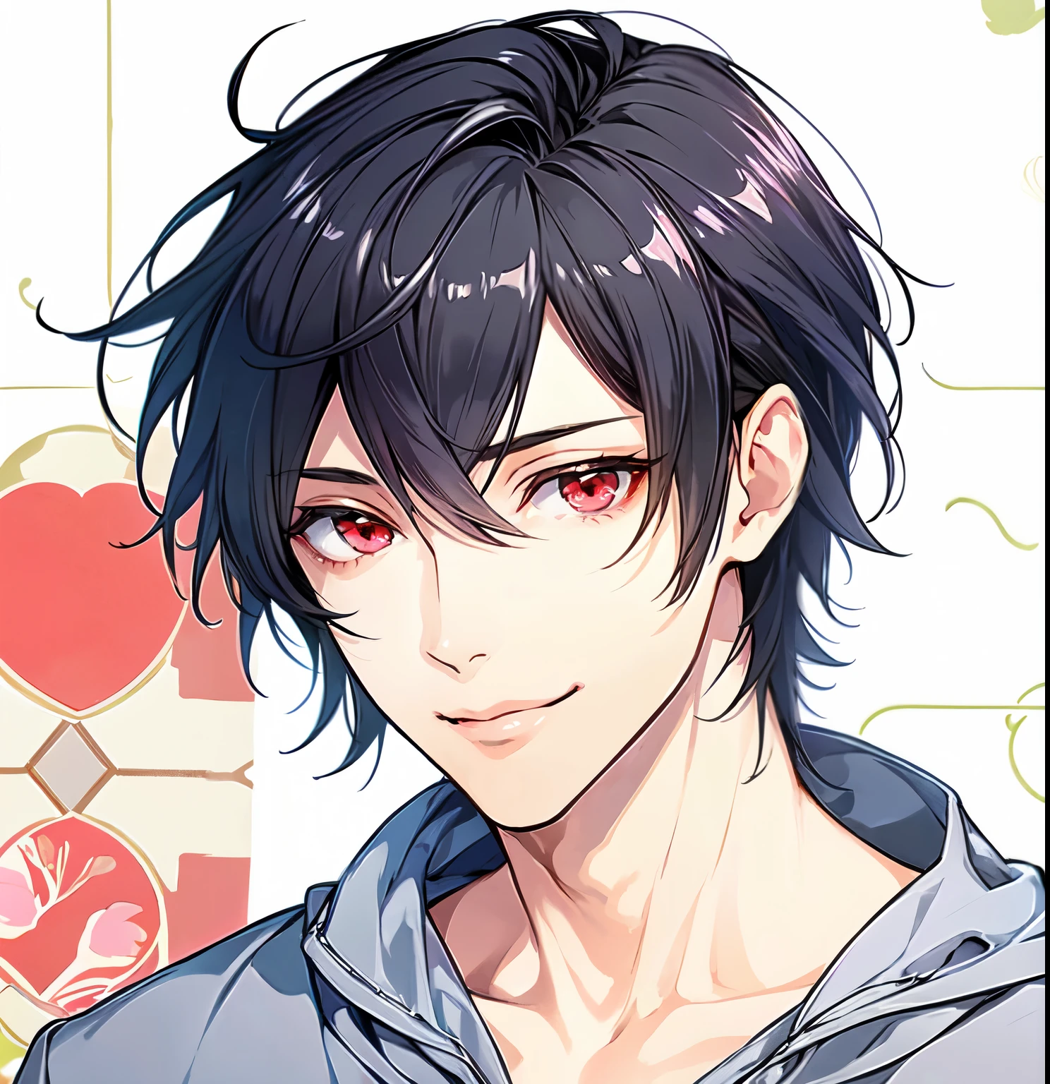 high resolution、high quality、black short hair、red eyes、smile、seems kind、Sexy and beautiful、male student