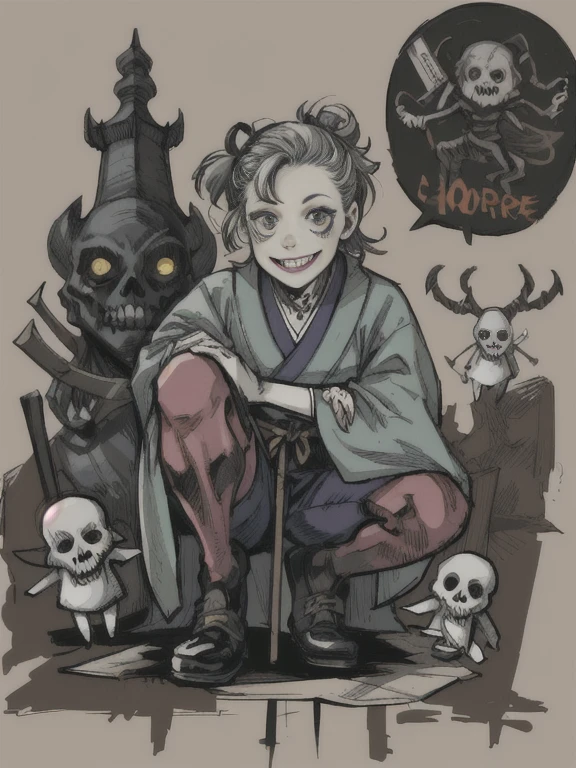 ((Hardcore Punk Girl))、((British punk rock girl)), ((circus)), ((squat with legs apart)), scribble, nightmare, doll-like face, cartoon style, rough sketch, Horror elements, (masterpiece), (High resolution), (super delicate), (clear), Comic book style illustrations, (drawing style), (Horror elements), Japanese painting, full body, ghost, angle, (snap shot), bugaboo, that'terrible, (Spooky), Japanese carving, primitive art, circus, crazy illustration, flat illustration, Blissful smile, Spookyな外観, Distinctive messy hairstyle, creative accessories, Unique atmosphere、(pastel)、