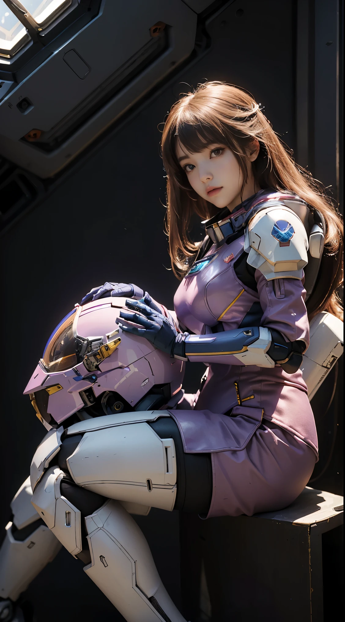 RAW, Masterpiece, Ultra Fine Photo,, Best Quality, Ultra High Resolution, Photorealistic, Sunlight, Full Body Portrait, Stunningly Beautiful,, Dynamic Poses, Delicate Face, Vibrant Eyes, (Side View) a close up of a woman in a pink and white gundam custume, dybamic pose, long brown very very very long long hair rapunzel, girl in mecha cyber armor, portrait armored astronaut girl, d. va from overwatch, female mecha, on a gundam, gundam head, chiho aoshima color scheme, mobile suit, streamlined purple armor, fully robotic!! girl, realistic cosplay, gundam armor (dynamic pose) (best cameraview), full body, sit down