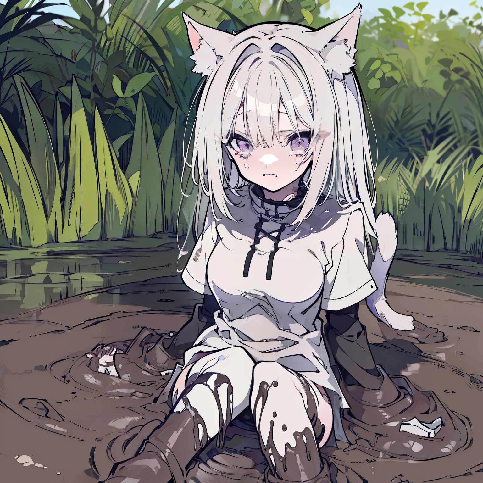 （best quality)，（detailed), (a girl），Struggling in the muddy swamp, Legs stuck in the mud, Covered with mud, With an expression of despair，crying，A cat&#39;s tail，Cat ears on top of head，white boots，Double tail，medium breasts，Jie Kang 