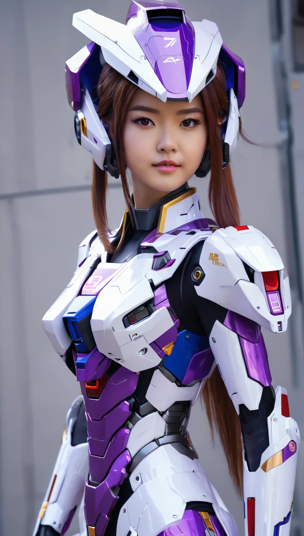 RAW, Masterpiece, Ultra Fine Photo,, Best Quality, Ultra High Resolution, Photorealistic, Sunlight, Full Body Portrait, Stunningly Beautiful,, Dynamic Poses, Delicate Face, wearing a mecha helmet future transparent neon, Vibrant Eyes, a full body of a woman in a purple and white gundam custume, dybamic pose, pony tail long brown very very long hair rapunzel, girl in mecha cyber armor, portrait armored astronaut girl, d. va from overwatch, female mecha, on a gundam, gundam head, chiho aoshima color scheme, mobile suit, streamlined purple armor, fully robotic!! girl, realistic cosplay, gundam armor (dynamic pose) (best cameraview), full body, sit down, full body