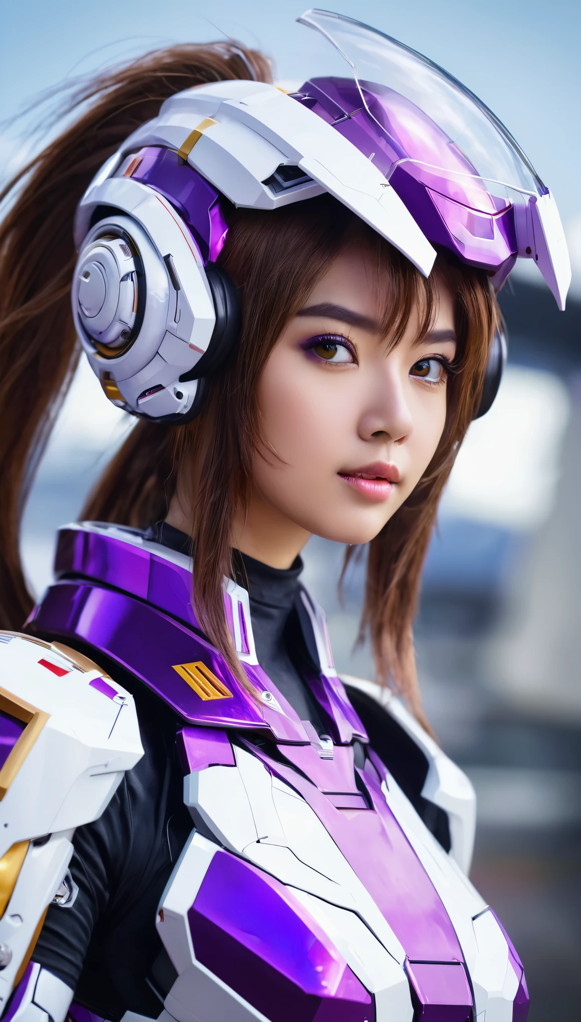 RAW, Masterpiece, Ultra Fine Photo,, Best Quality, Ultra High Resolution, Photorealistic, Sunlight, Full Body Portrait, Stunningly Beautiful,, Dynamic Poses, Delicate Face, wearing a mecha helmet future transparent neon, Vibrant Eyes, a full body of a woman in a purple and white gundam custume, dybamic pose, pony tail long brown very very long hair rapunzel, girl in mecha cyber armor, portrait armored astronaut girl, d. va from overwatch, female mecha, on a gundam, gundam head, chiho aoshima color scheme, mobile suit, streamlined purple armor, fully robotic!! girl, realistic cosplay, gundam armor (dynamic pose) (best cameraview), full body, sit down, full body