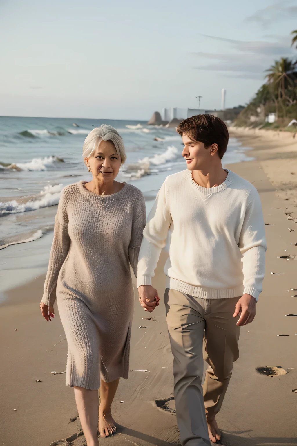 60-year-old mother-in-law and 20-year-old son-in-law walking on the beach，hand in hand，Wear a sexy sweater，Clear face。
