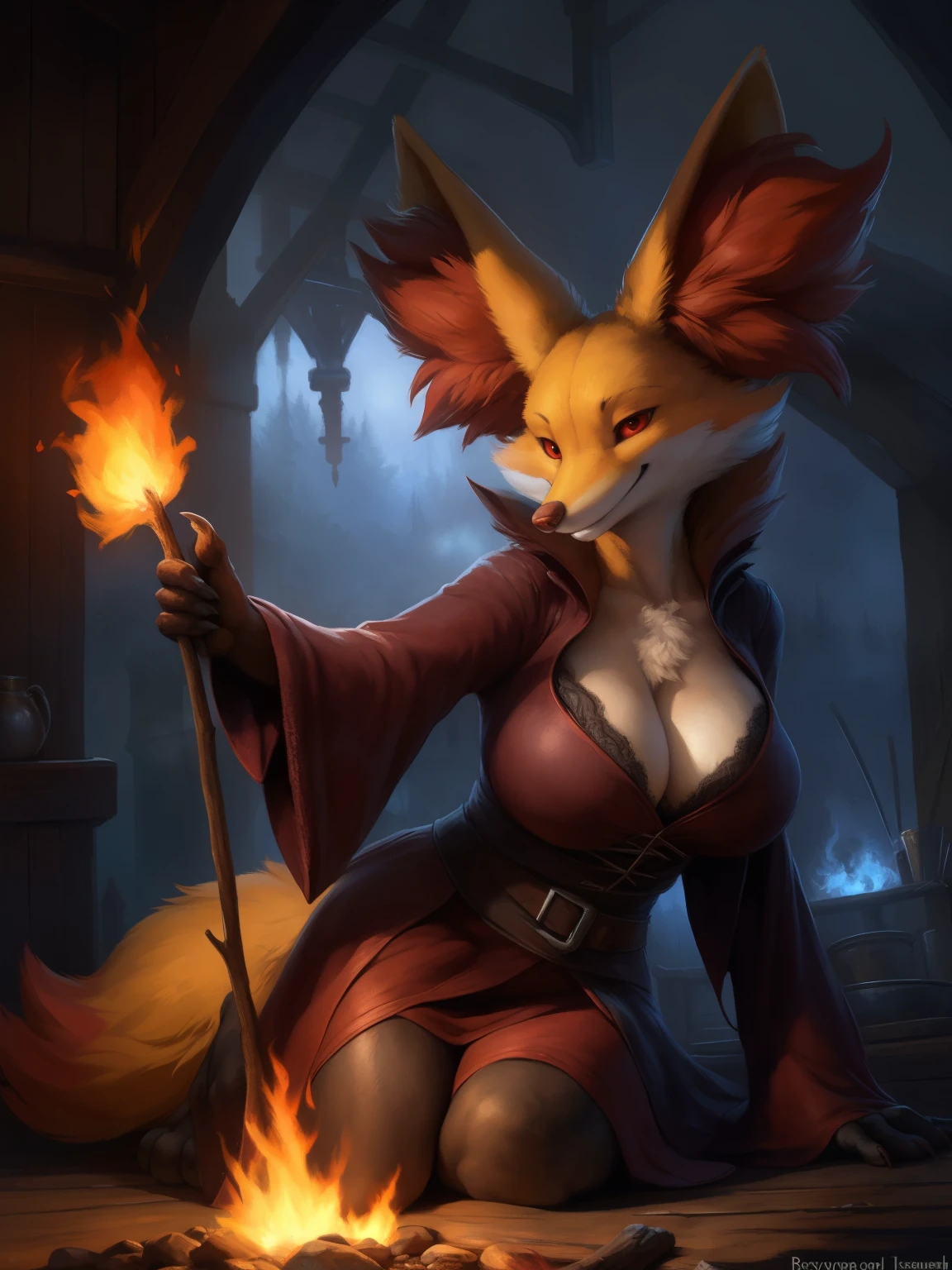 (ultra detailed), a beautiful and detailed full size portrait of a female anthro Delphox, pokemon, Delphox tail, bedroom eyes, close up view, cinematic shot, red eyes, detailed eyes, big body goddess, kenket, Ross Tran,ruan jia, trending on artstation,foxovh, cenematic lighting, big breasts, big (((witch clothes))), full body, feets, pose, ((((seductive, sexy pose))), fog, medieval place, night, smile,, detailed background, one stick with fire on top in one hand