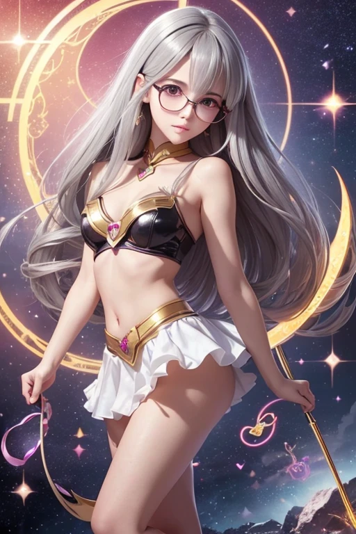 portrait, long hair, gray hair, golden eyes,  1 girl, head, face, Magical girl, confused, masterpiece, highest quality, Magical girl costume, ((mahou shoujo)), short hair, desolation, Remains, dynamic pose, Apocalypse, cast a spell, Style Glasses, full body shot