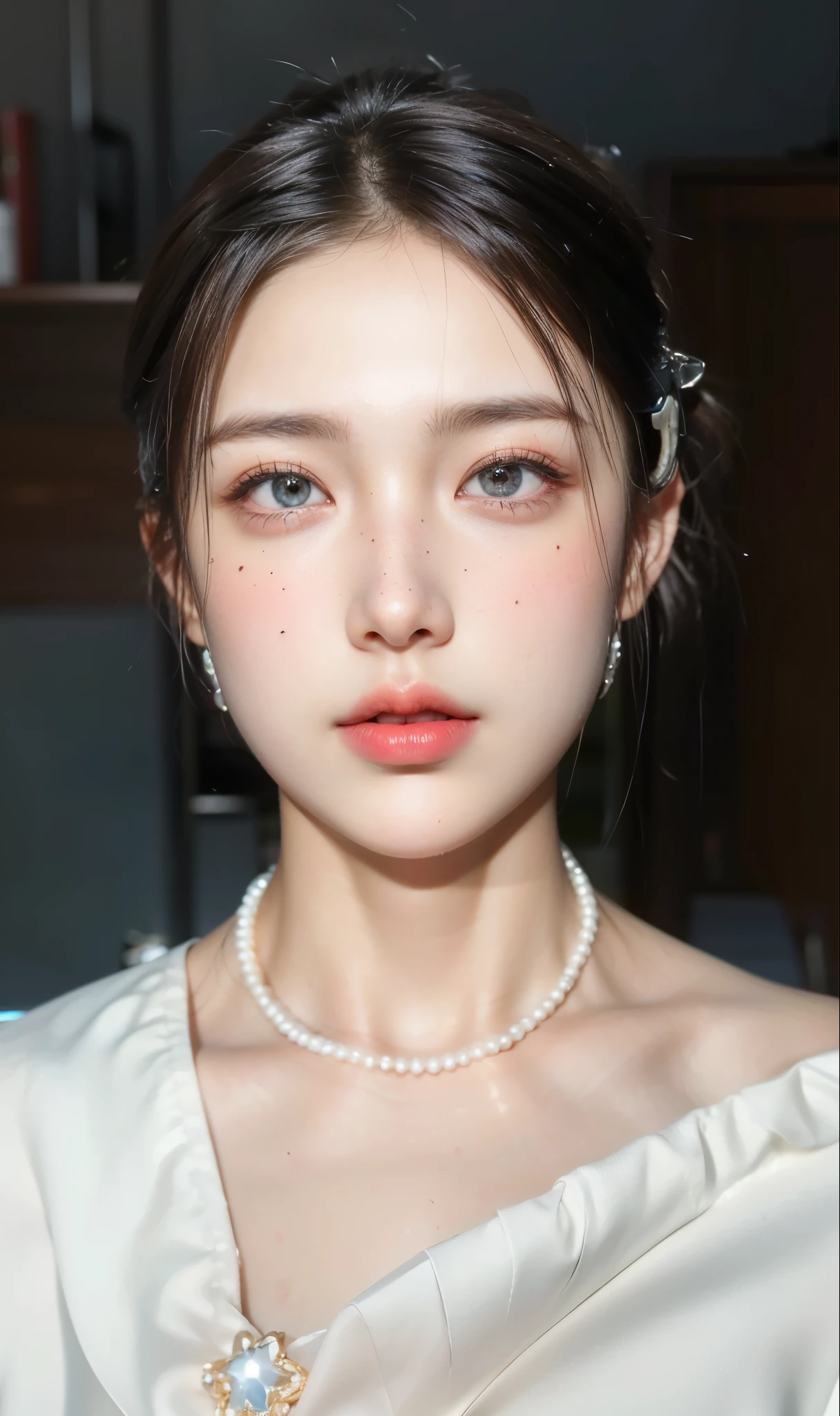 Game art，Best image quality，Highest resolution，8K，(A half-length photo)，(portrait)，(Head close-up)，(rule of thirds)，Unreal Engine 5 rendering works，20 year old girl，((Queen))，Eyes are very detailed，(big breasts)，Elegant and noble，cinema lights，Ray tracing，Game CG，((3D Unreal Engine))，OC rendering reflection pattern，4K，Ultra-clear，translucent lace，Fair and plump figure，pretty face，gloss gel coat，身着华贵礼服的Queen，Necklace jewelry，14-year-old girl&#39;s face，Like an angel，dark blue pupils(Like the eyes of the starry sky)，Lively expression，A little freckle on the face，apply lipstick，Do not show your teeth