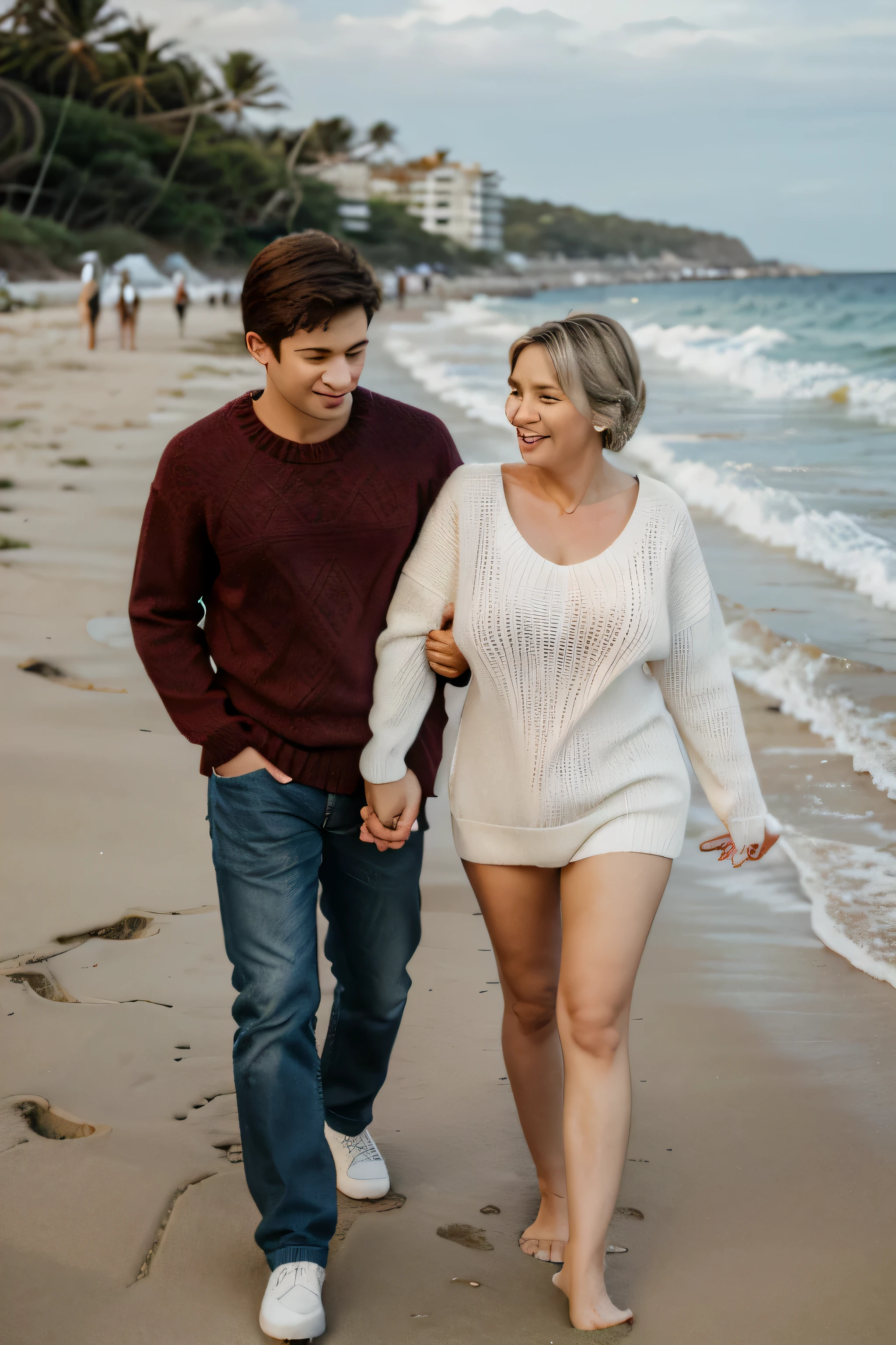 60-year-old mother-in-law and 20-year-old son-in-law walking on the beach,hand in hand,Wear a sexy sweater,Clear face。