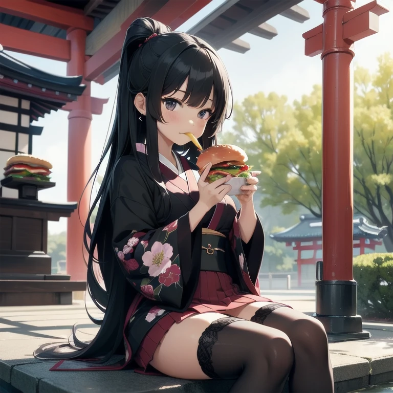 1girl, anime, black eyes, long black hair with square bangs, very long black hair, super long black hair, skirt and stockings, (((stockings))), heels, black Japanese style kimono mixed with ribbed black sweater with red accents and sakura floral design, ((ribbed black sweater)) adult, (((Japanese shrine/temple background))), kimono sleeves, garter, graceful, ((eating burger in kitchen)), burgers on countertop, lots of completed dishes everywhere, (((lots of food in the background))), french fries, cola soda,