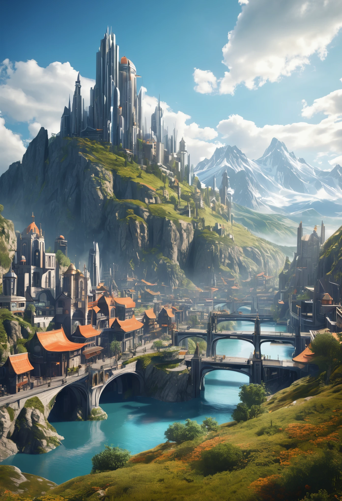 Create a landscape of a futuristic medieval-style city where in the background there are several mountains full of life, estilo realista y detallado