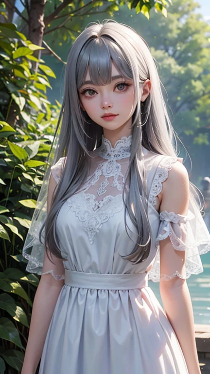 highest quality, super fine, 16k, incredibly absurd, very detailed, Beautiful woman, Silvery straight hair, bangs, Long, white, bushy eyelashes, thin, Tight long black dress with lace, black eye, Located on top of a lush hill, Fantastic and mysterious, sunlight shining through, Rainbow fluffy pastel color image style