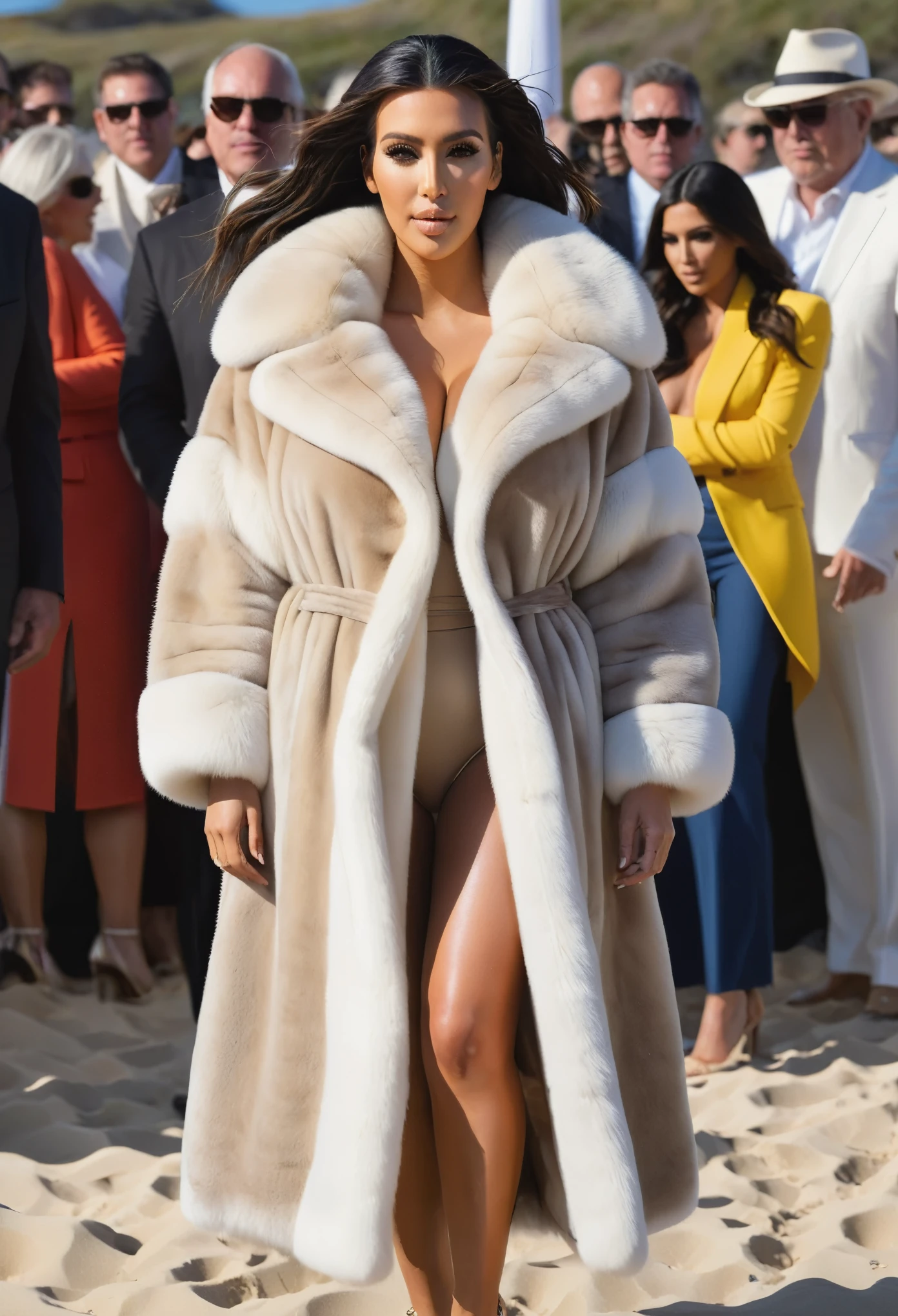 A very wide and very thick, very long sand mink fur coat, fifty centimeters thick, duveteux, naturel, with an ultra thick white and sand mink fur collar, three layers, sur Kim Kardashian, fully nude front view, bare shoulders, and two large breast discovered by the fur, at sunny Pebble Beach Concours d'Elegance , en haute résolution de la plus high quality、,Photo 8K HDR), Realistic texture, realistic shadows, (dynamic subdued lighting), (centered within the framework), (Very detailed:1.2), Fond d&#39;8k screen, high quality, grain de film, Fujifilm XT3, (Very detailed skin), ((gaping and :1.3)), dark bun, messy hair, , 