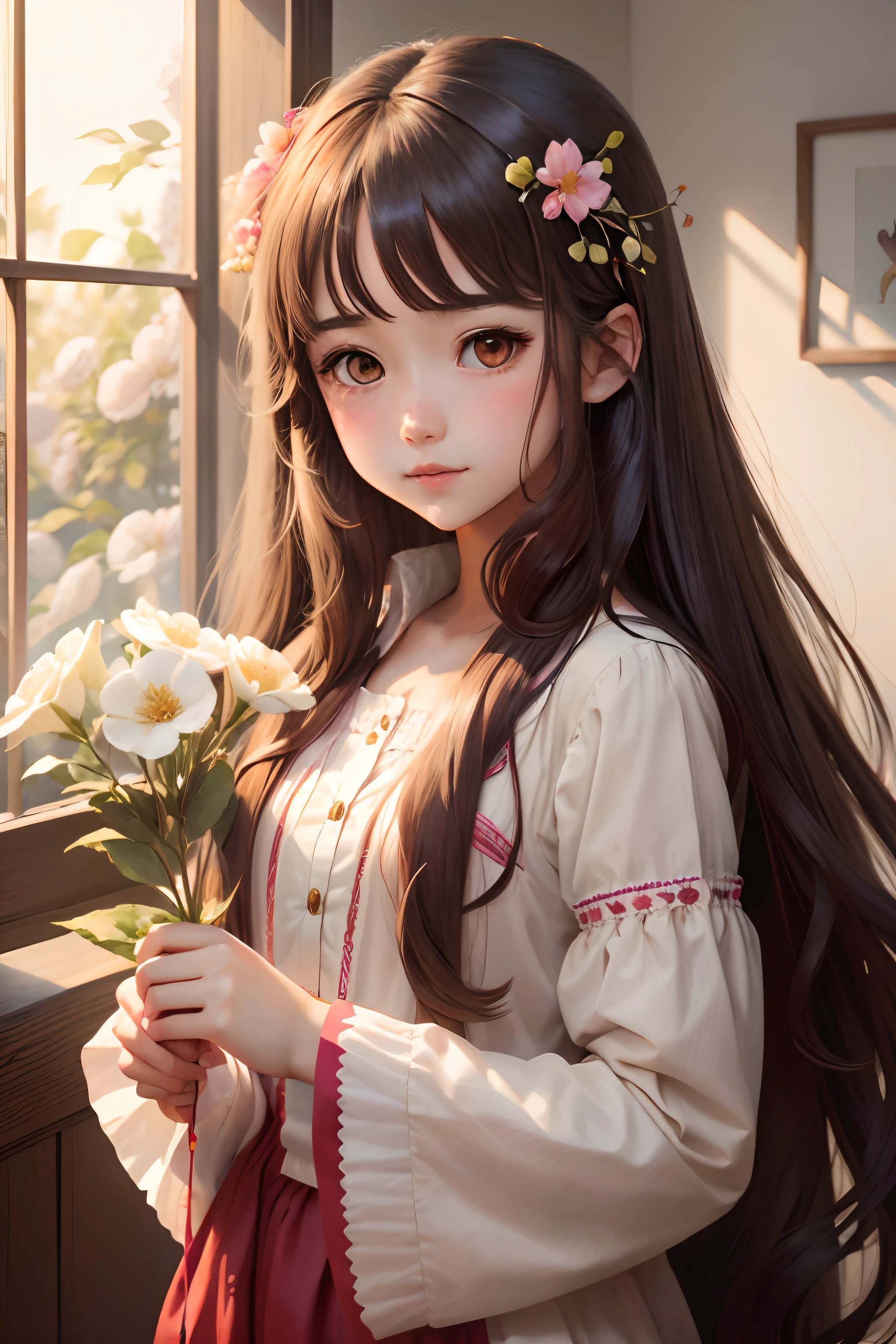anime girl with long hair and flower in her hair, Guviz-style artwork, Guviz, Kawaii realistic portrait, Cute anime girl, Guweiz in Pixiv ArtStation, Anime girl with long hair, portrait of cute anime girl, a beautiful anime portrait, Beautiful anime girl, Cute anime girl portrait, portrait anime girl