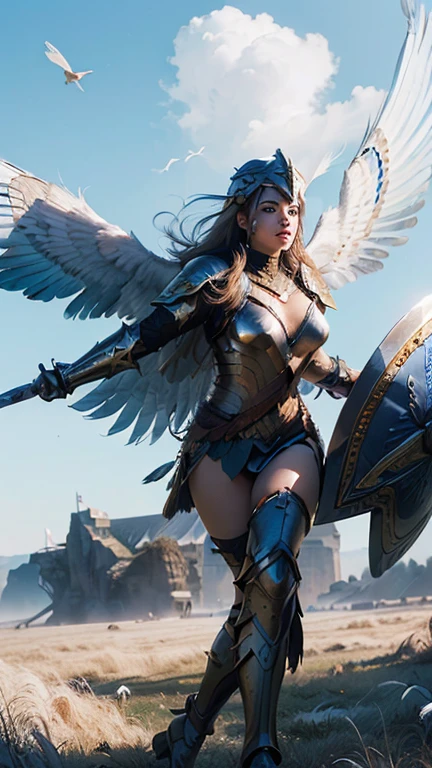 (highest quality,4k,8K,High resolution,masterpiece:1.2), Super detailed, (realistic,photorealistic,photo-realistic:1.37), (detailed and beautiful eyes, beautiful detailed lips, highly detailed eyes and face, long eyelashes), studio lighting,Physically based rendering,Bright colors, (Valkyrie with huge white wings, Legendary Giant Sword, Giant legendary shield, Legendary helmet with huge feathers, Legendary armor, Royal Blue:1.5), (A large amount of white, Shiny bird feathers flutter in the air:1.5), (grassland, dynamic pose, Pegasus, soft writing:1.5),