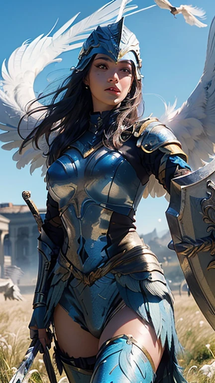 (highest quality,4k,8K,High resolution,masterpiece:1.2), Super detailed, (realistic,photorealistic,photo-realistic:1.37), (detailed and beautiful eyes, beautiful detailed lips, highly detailed eyes and face, long eyelashes), studio lighting,Physically based rendering,Bright colors, (Valkyrie with huge white wings, Legendary Giant Sword, Giant legendary shield, Legendary helmet with huge feathers, Legendary armor, Royal Blue:1.5), (A large amount of white, Shiny bird feathers flutter in the air:1.5), (grassland, dynamic pose, Pegasus, soft writing:1.5),