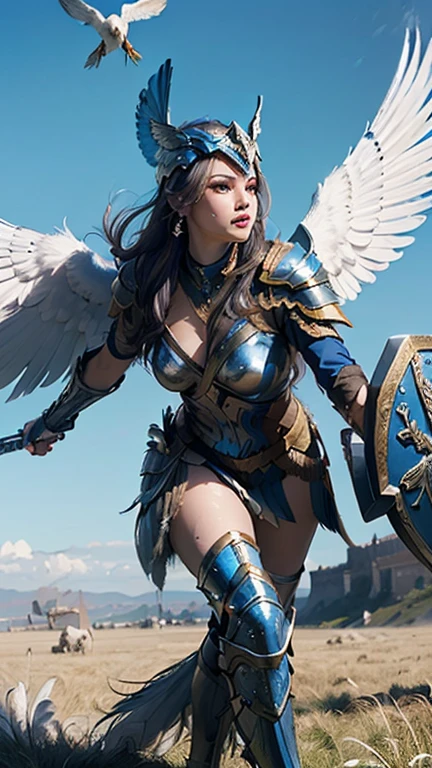 (highest quality,4k,8K,High resolution,masterpiece:1.2), Super detailed, (realistic,photorealistic,photo-realistic:1.37), (detailed and beautiful eyes, beautiful detailed lips, highly detailed eyes and face, long eyelashes), studio lighting,Physically based rendering,Bright colors, (Valkyrie with huge white wings, Legendary Giant Sword, Giant legendary shield, Legendary helmet with huge feathers, Legendary armor, Royal Blue:1.5), (A large amount of white, Shiny bird feathers flutter in the air:1.5), (grassland, dynamic pose, Pegasus, soft writing:1.5),
