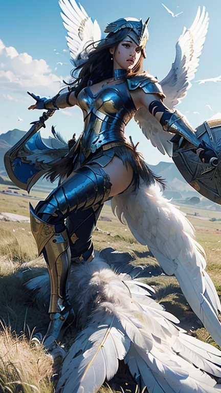 (highest quality,4k,8K,High resolution,masterpiece:1.2), Super detailed, (realistic,photorealistic,photo-realistic:1.37), (detailed and beautiful eyes, beautiful detailed lips, highly detailed eyes and face, long eyelashes), studio lighting,Physically based rendering,Bright colors, (Valkyrie with huge white wings, Legendary Giant Sword, Giant legendary shield, Legendary helmet with huge feathers, Legendary armor, Royal Blue:1.5), (A large amount of white, Shiny bird feathers flutter in the air:1.5), (grassland, dynamic pose, Pegasus, soft writing:1.5),