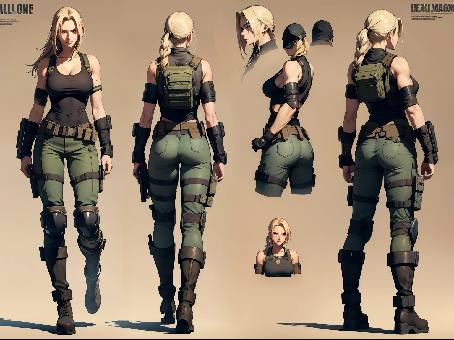 ((Full body photo, standing, feet on the ground)) A woman, 20 years old, long blonde hair, tall boots, aesthetic body, tank top, stylish, metal gear, solid snake, futuristic, cleavage, tan color military pants, tech equipment, Jill valentine, desert camo, wastelander, knee pad, elbow pad, dog tag, various angles, (front, back, side), character sheet, model sheet, reference sheet.