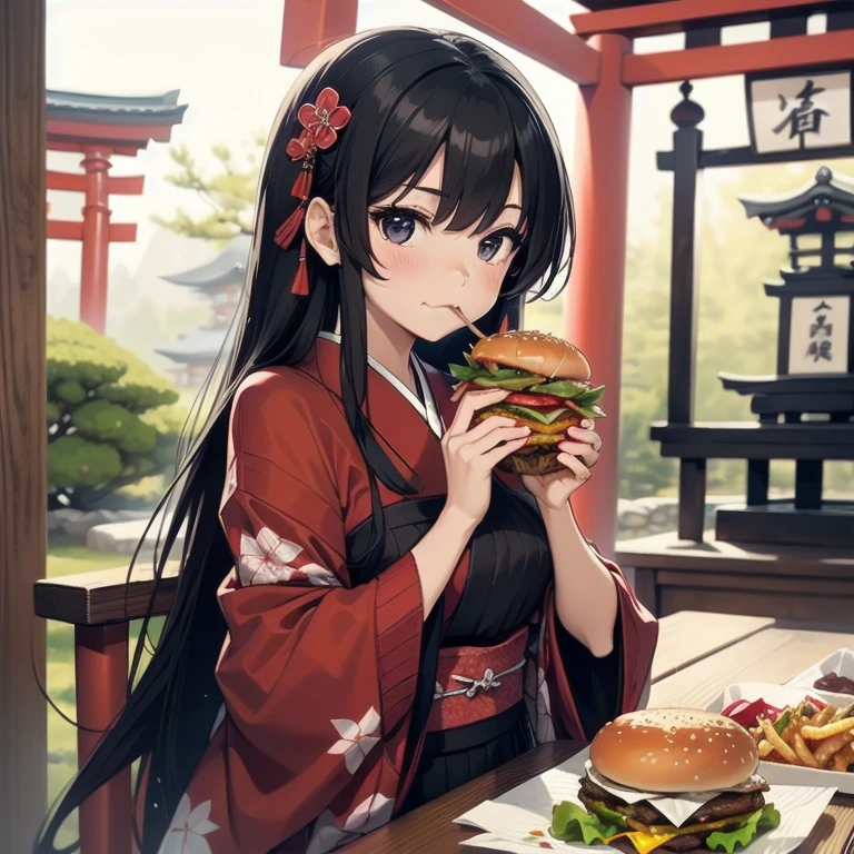 1girl, anime, black eyes, long black hair with square bangs, very long black hair, super long black hair, skirt and stockings, (((stockings))), heels, black Japanese style kimono mixed with ribbed black sweater with red accents and sakura floral design, ((ribbed black sweater)) adult, (((Japanese shrine/temple background))), kimono sleeves, garter, graceful, ((eating burger in kitchen)), burgers on countertop, lots of completed dishes everywhere, (((lots of food in the background))), french fries, cola soda,
