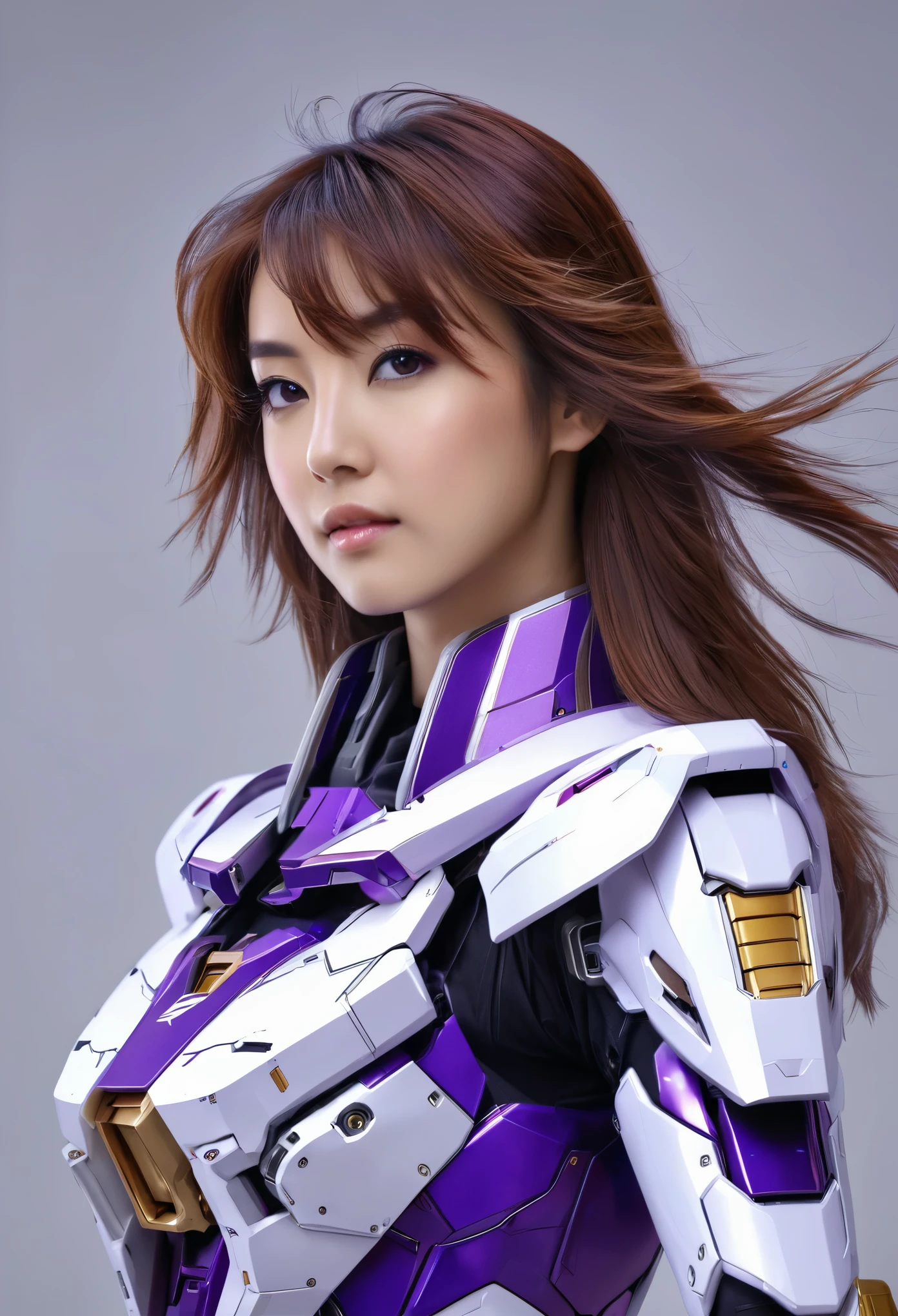 RAW, Masterpiece, Ultra Fine Photo,, Best Quality, Ultra High Resolution, Photorealistic, Sunlight, Full Body Portrait, Stunningly Beautiful,, Dynamic Poses, Delicate Face, Vibrant Eyes, (Side View) a full body of a woman in a purple and white gundam custume, dybamic pose, long brown very very long hair rapunzel, girl in mecha cyber armor, portrait armored astronaut girl, d. va from overwatch, female mecha, on a gundam, gundam head, chiho aoshima color scheme, mobile suit, streamlined purple armor, fully robotic!! girl, realistic cosplay, gundam armor (dynamic pose) (best cameraview), full body, sit down, full body